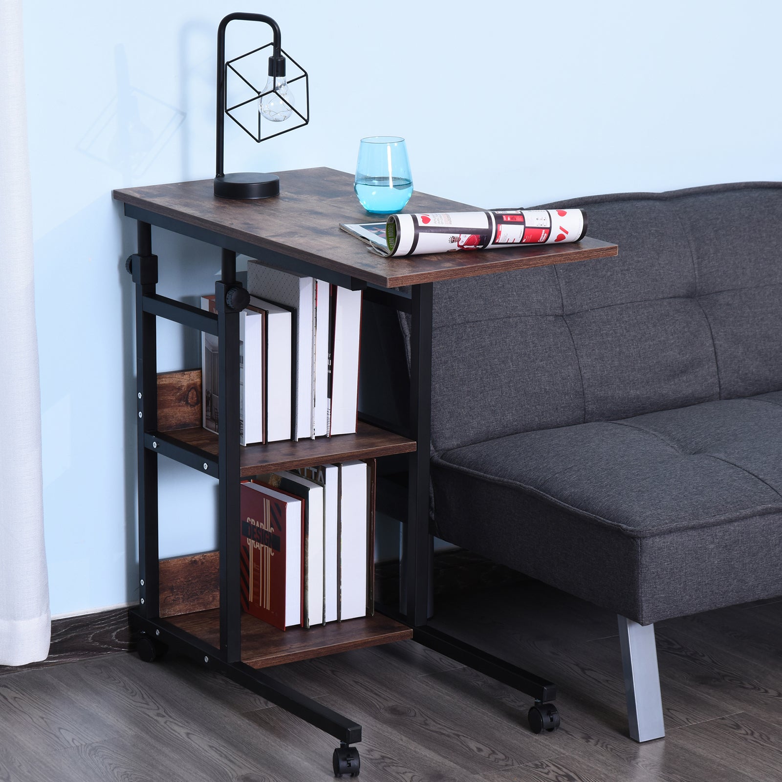 HOMCOM Beistelltisch mit Rollen, höhenverstellbar, kompakt, 2 Ablageböden, Metallrahmen, 80x40x72-82 cm, Braun/Schwarz