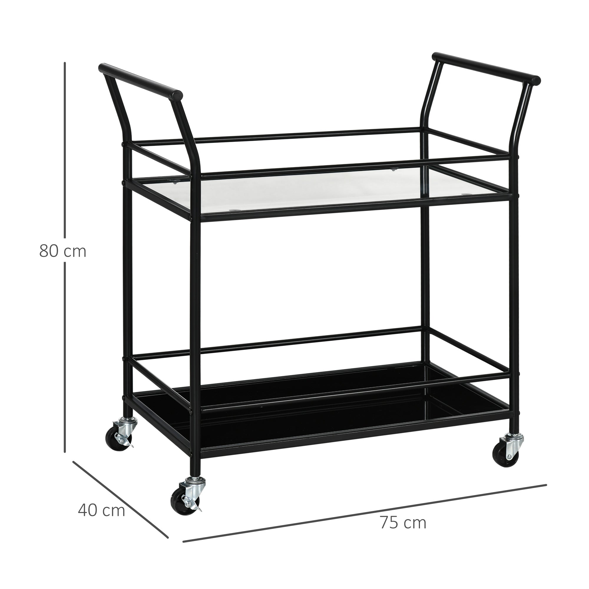 HOMCOM Küchenwagen mit 4 Rollen, 2 Ablagen und Griffen, 75 cm x 40 cm x 80 cm, Schwarz