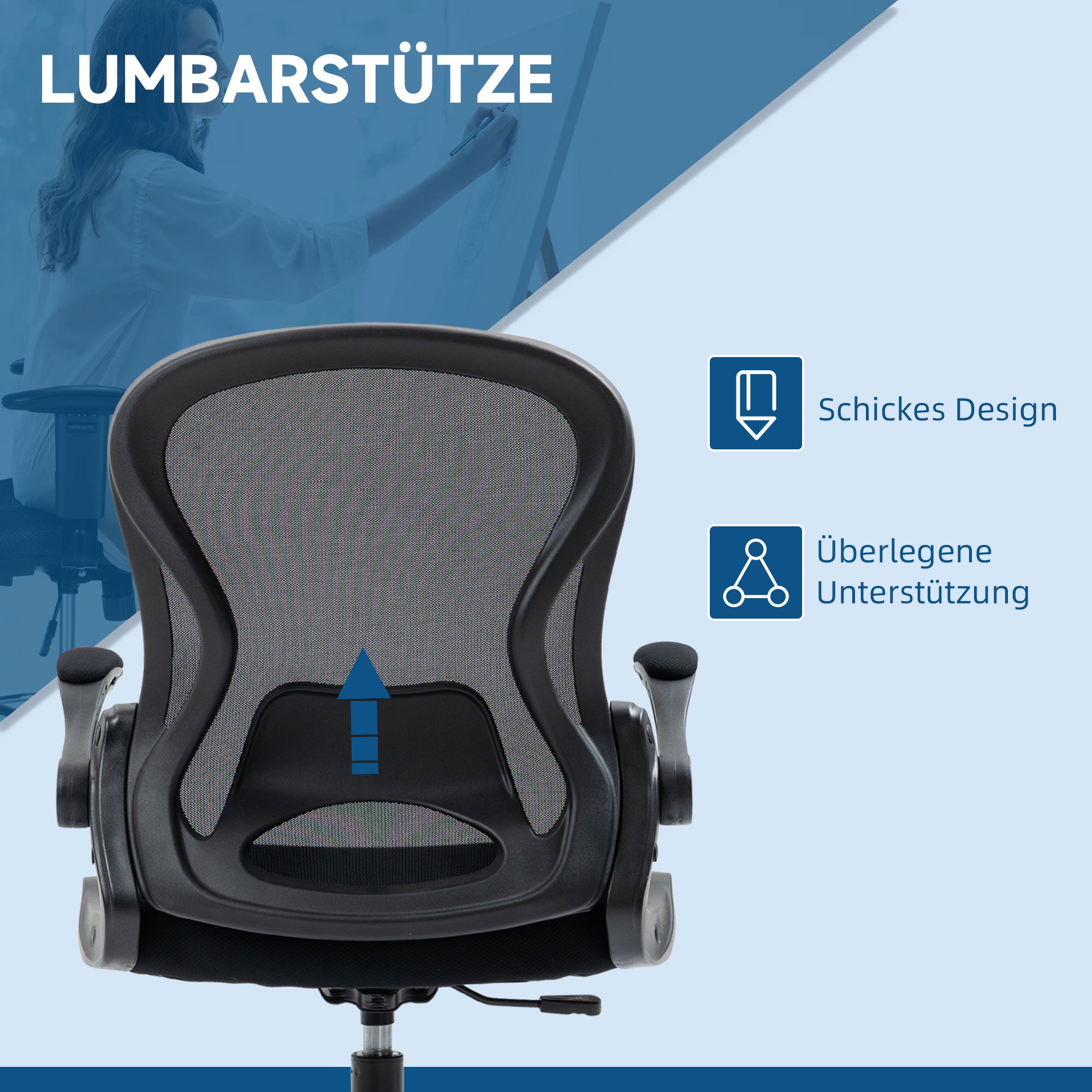 Vinsetto Zeichenstuhl, höhenverstellbarer Bürostuhl, mit Fußstütze, 59 cm x 65 cm x 122 cm, Schwarz