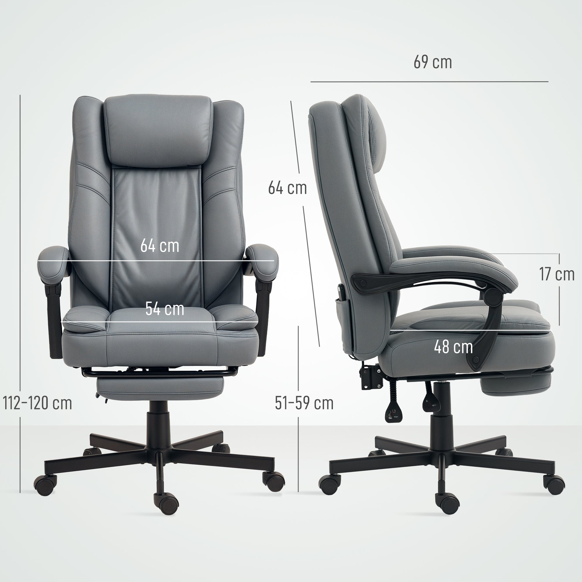 HOMCOM Bürostuhl mit Massagefunktion, höhenverstellbarer Schreibtischstuhl mit neigbarer Rückenlehne, gepolstert, rollbar, Grau
