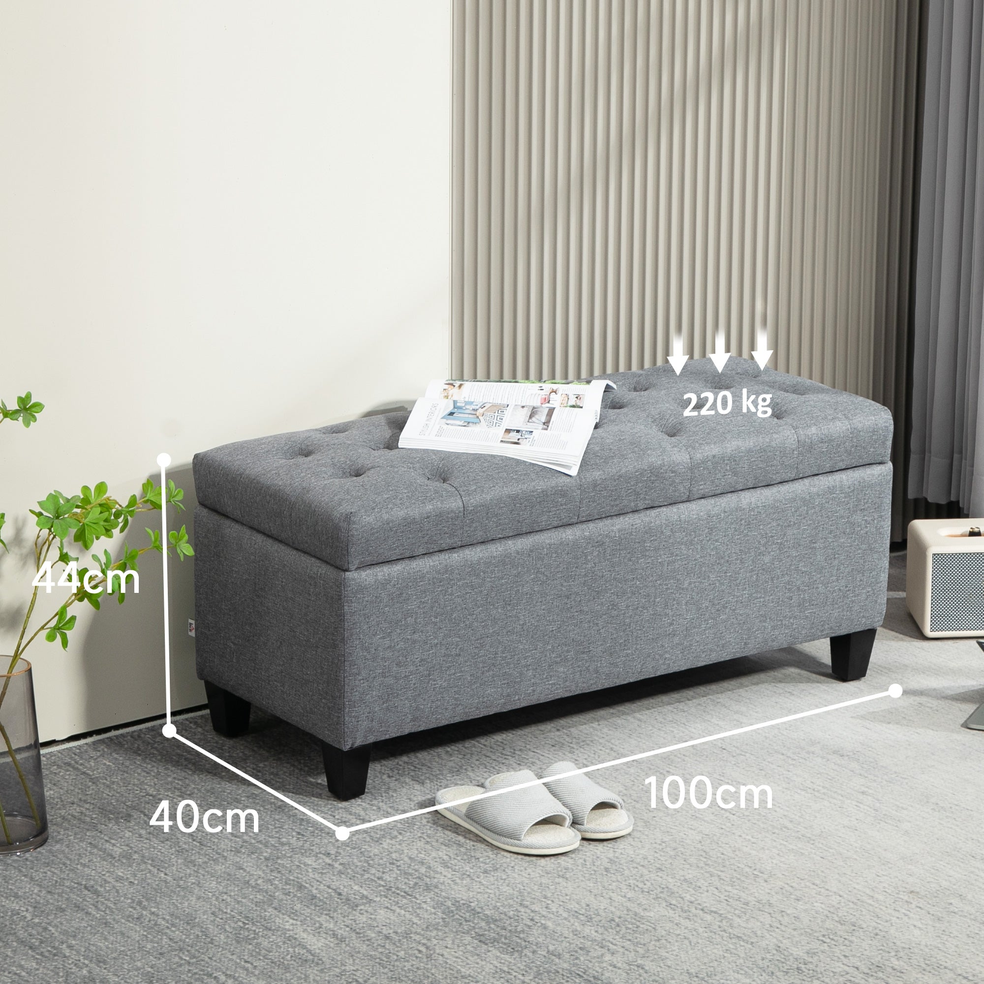 HOMCOM Sitzbank, Polsterbank mit Stauraum, leinenartiges Polyester, Kautschukholz, 100 x 40 x 44 cm, Hellgrau