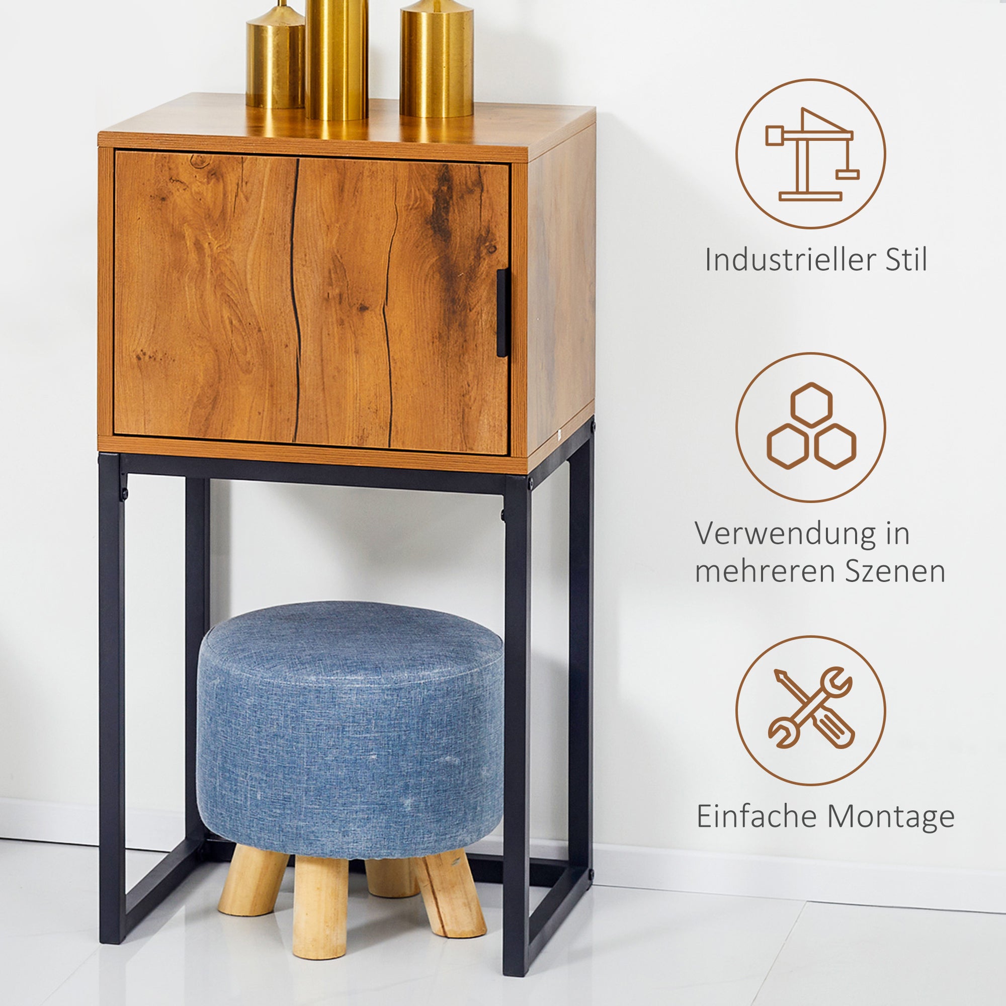 HOMCOM Konsolentisch im Industiriedesign, Beistelltisch, Sideboard, 1 Schrank, Braun + Schwarz