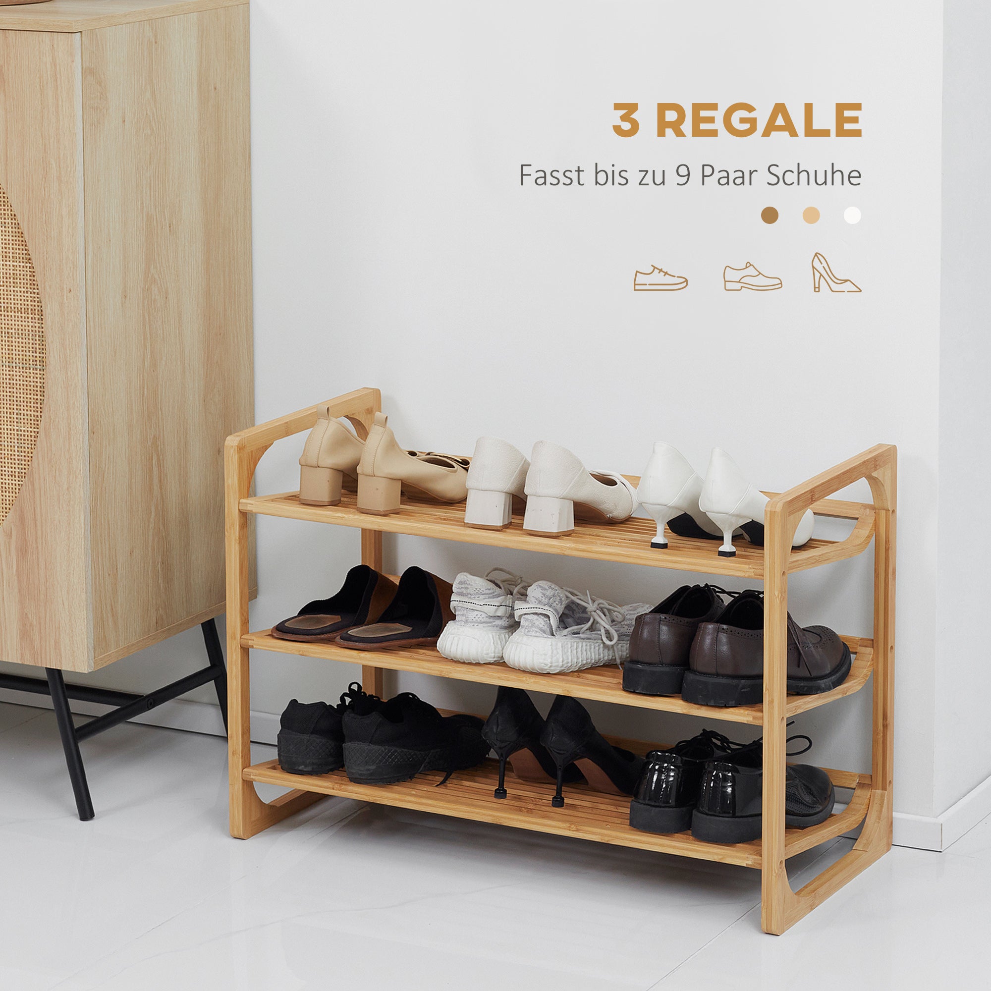 HOMCOM Schuhregal für 9 Schuhpaare, 3 Etagen, erhöhte Kanten, Bambusholz, 76 x 33 x 51 cm