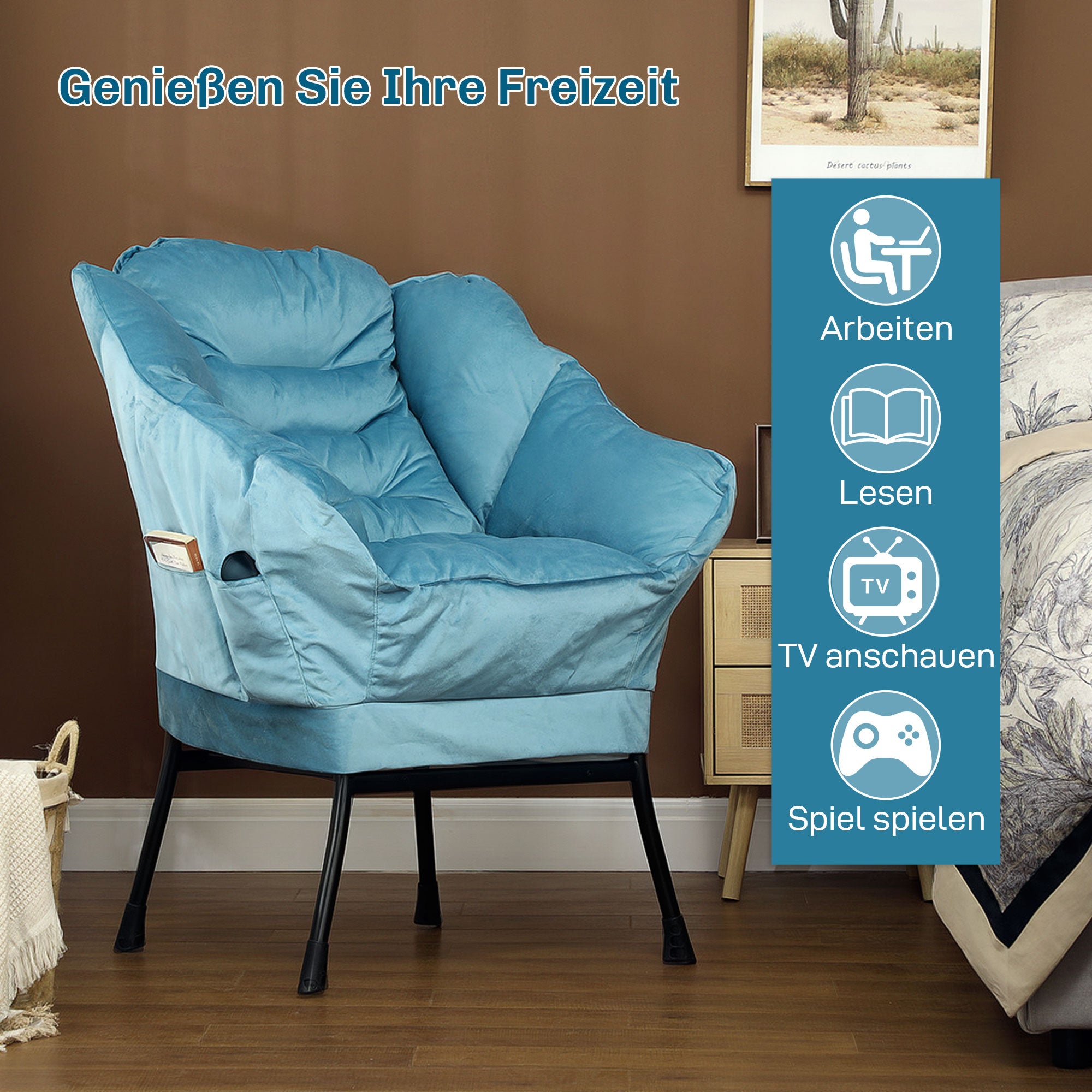 HOMCOM Moderner Akzentstuhl, Polsterstuhl mit Stahlbeinen und Seitentaschen, für Wohnzimmer, Schlafzimmer, Blau