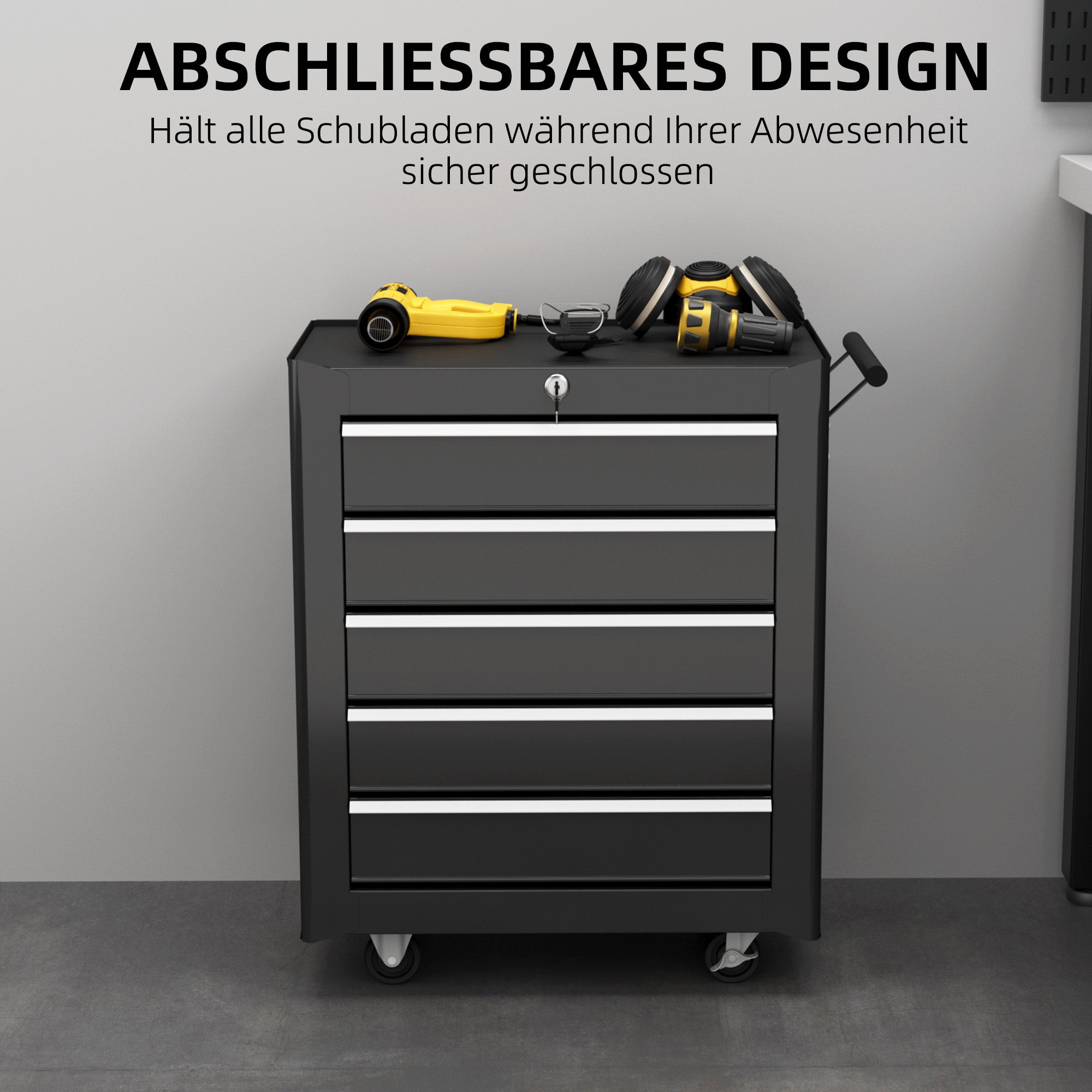 HOMCOM Werkzeugkiste, Werkzeugschrank, rollbar, 5 Schubladen, Stahl, Schwarz