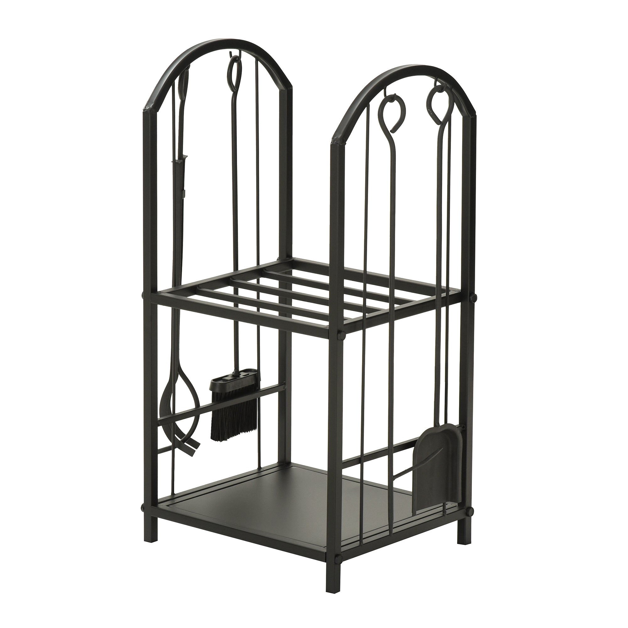 Outsunny kaminholzregal Kaminholzständer Brennholzregal mit 4 zusätzlichen Brennholzwerkzeugen Kaminbesteck 2-Ebenen-Design Feuerholzablage Kaminwerkzeug Metall Schwarz 41,5 x 32,5 x 74,5 cm