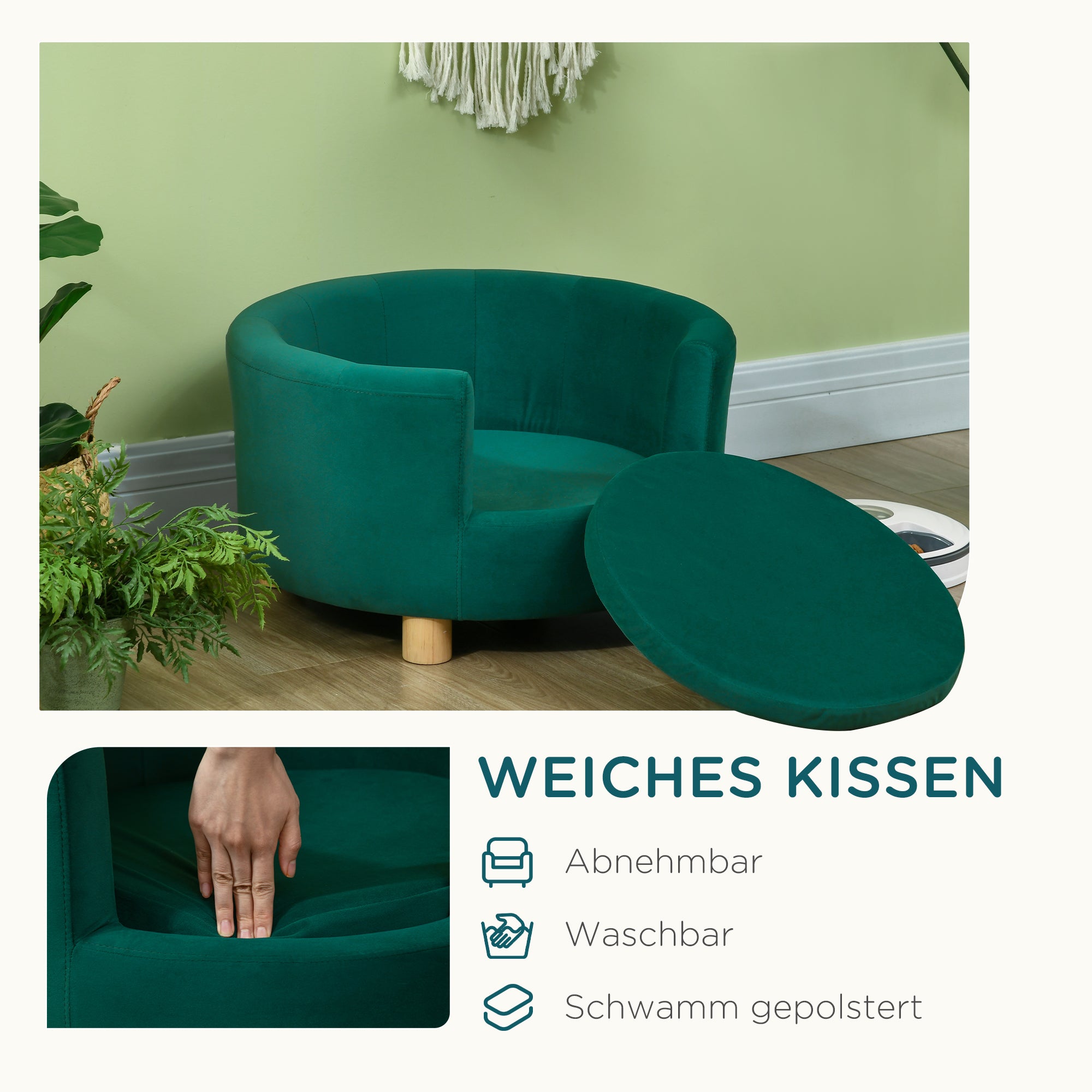 PawHut Hundesofa Hundecouch, Waschbarer Bezug, Haustiersofa mit Rückenlehne und Holzbeine, Katzensofa, für kleine Hunde unter 4,5 kg, Grün