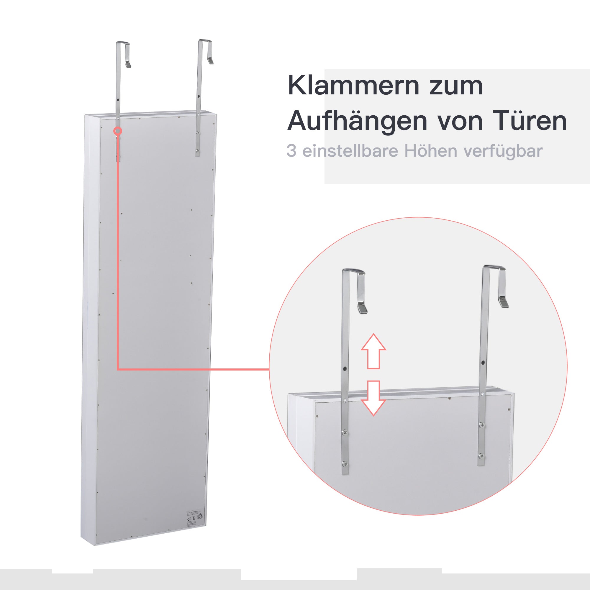 HOMCOM LED Schmuckschrank Aufhängbarer 2 in 1 Schmuckregal Spiegelschrank Türmontage MDF Weiß 36,6 x 8 x 120 cm