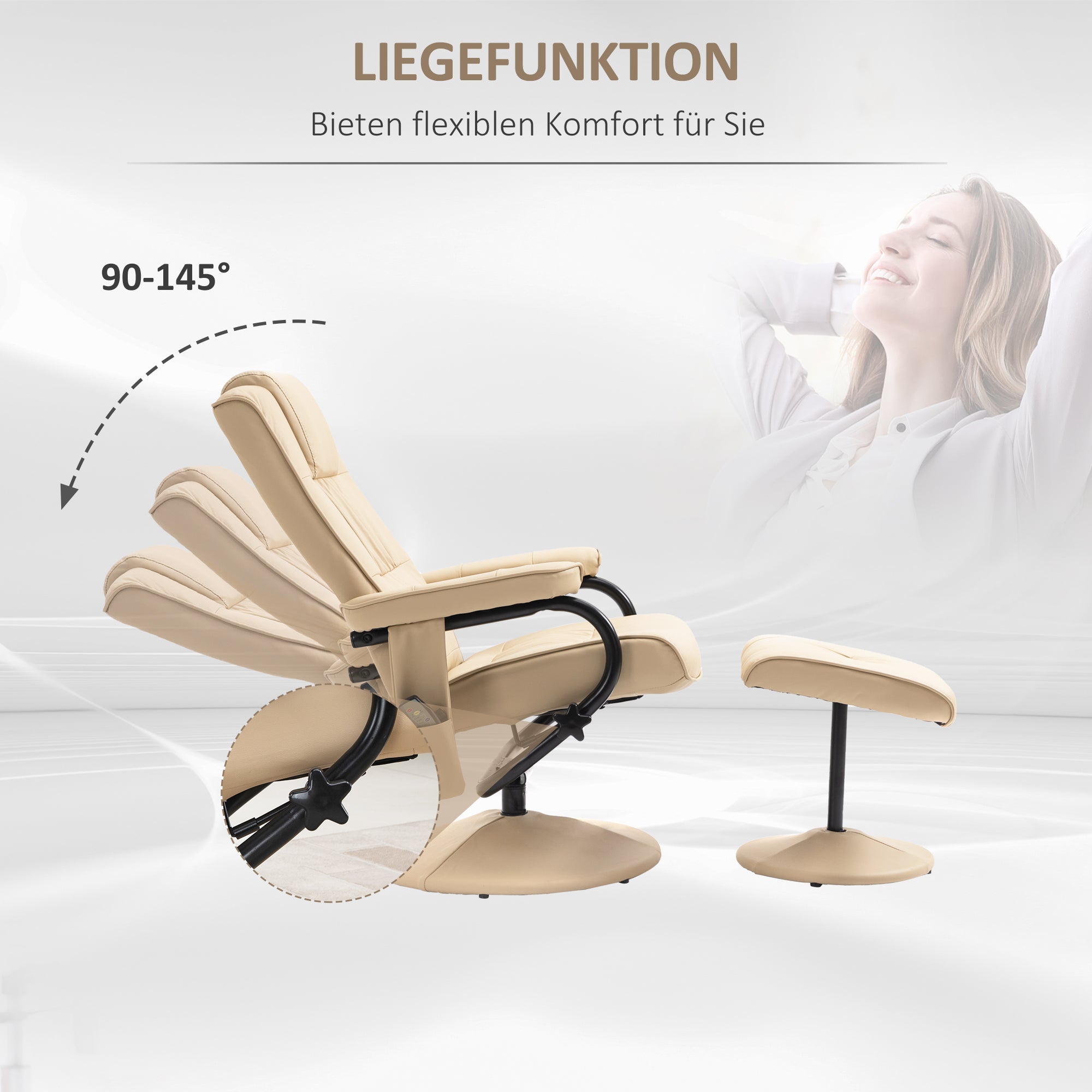 HOMCOM Massagesessel mit Hocker, Drehbares Relaxsessel mit Massagefunktion, Elektrisches Fernsehsessel mit Liegefunktion, Fernbedienung für Wohnzimmer, Kunstleder, Creme