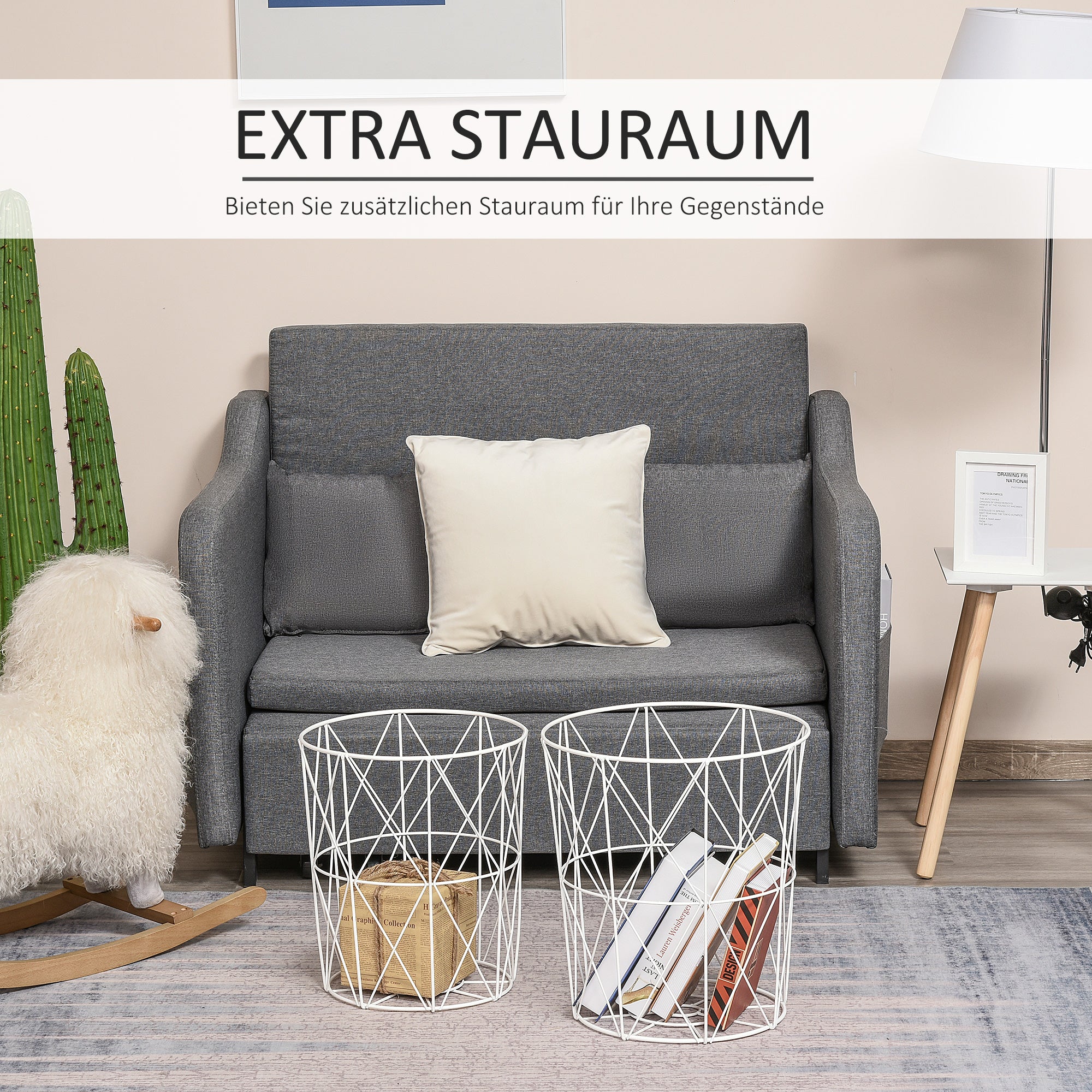 HOMCOM Couchtisch Rund 2er Set stapelbar Wohnzimmertisch Beistelltisch mit abnehmbaren Deckel Satztisch Kaffeetisch mit Metallgestell für Wohnzimmer Natur+Weiß