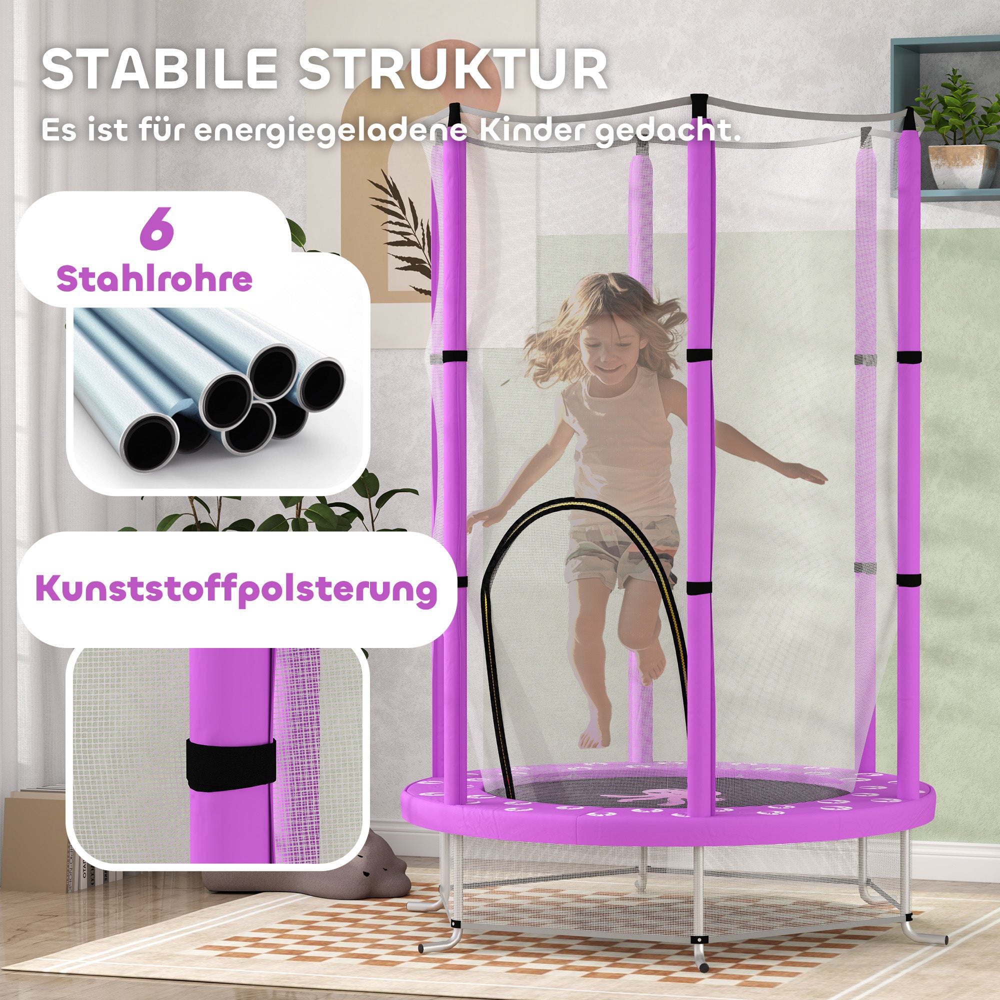 AIYAPLAY Kindertrampolin mit Sicherheitsnetz, für den Innen- und Außenbereich, 3-6 Jahre, Violett
