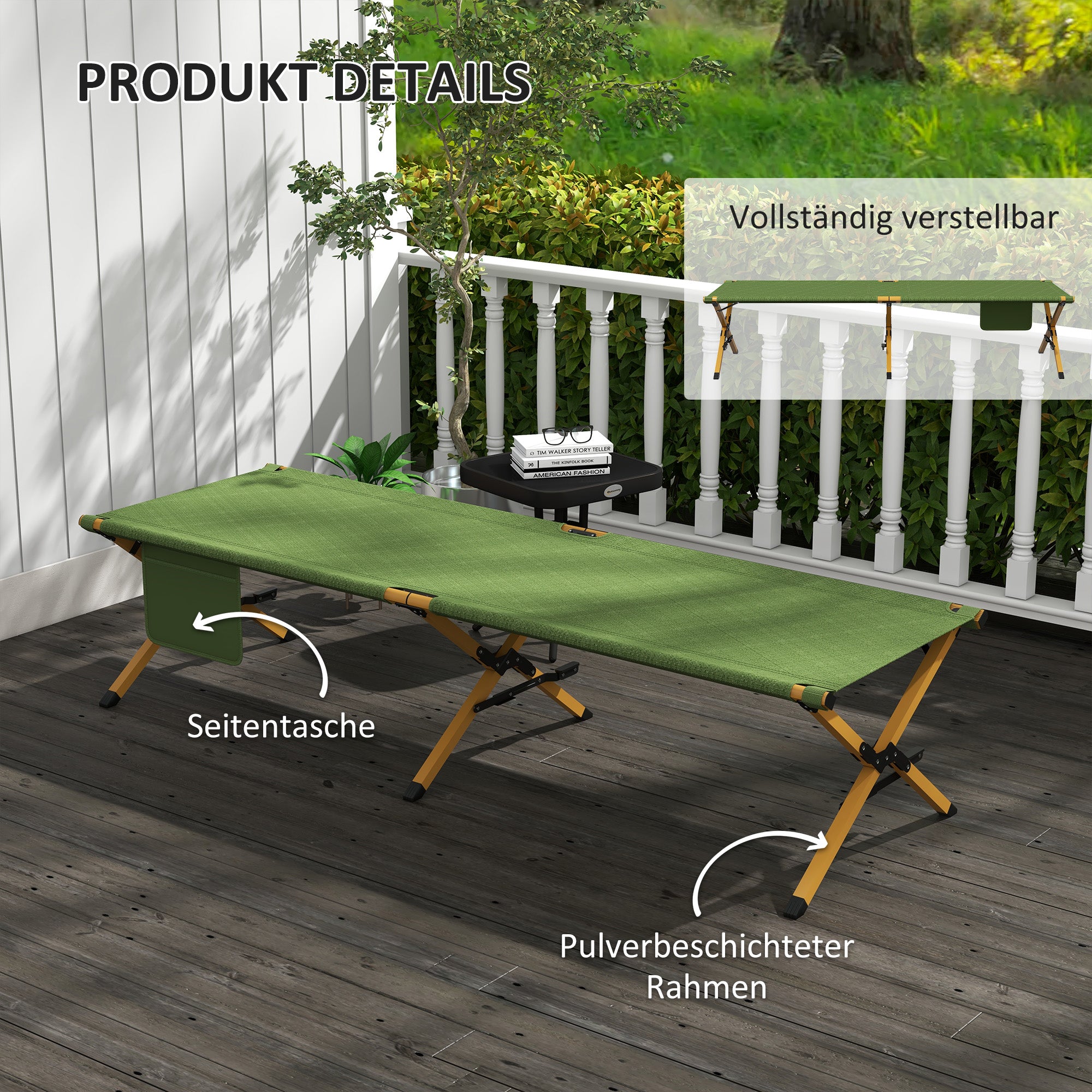 Outsunny Sonnenliege Strandliege Gartenliege, klappbar, wetterbeständig, 196 cm x 64 cm x 45 cm, Dunkelgrün