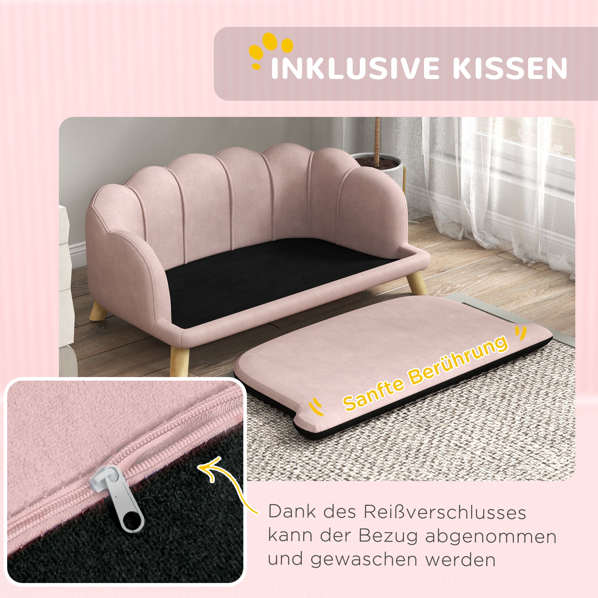 PawHut Haustiersofa für mittelgroße und große Hunde bis 25 kg, robustes Holz, gepolstert, Rosa