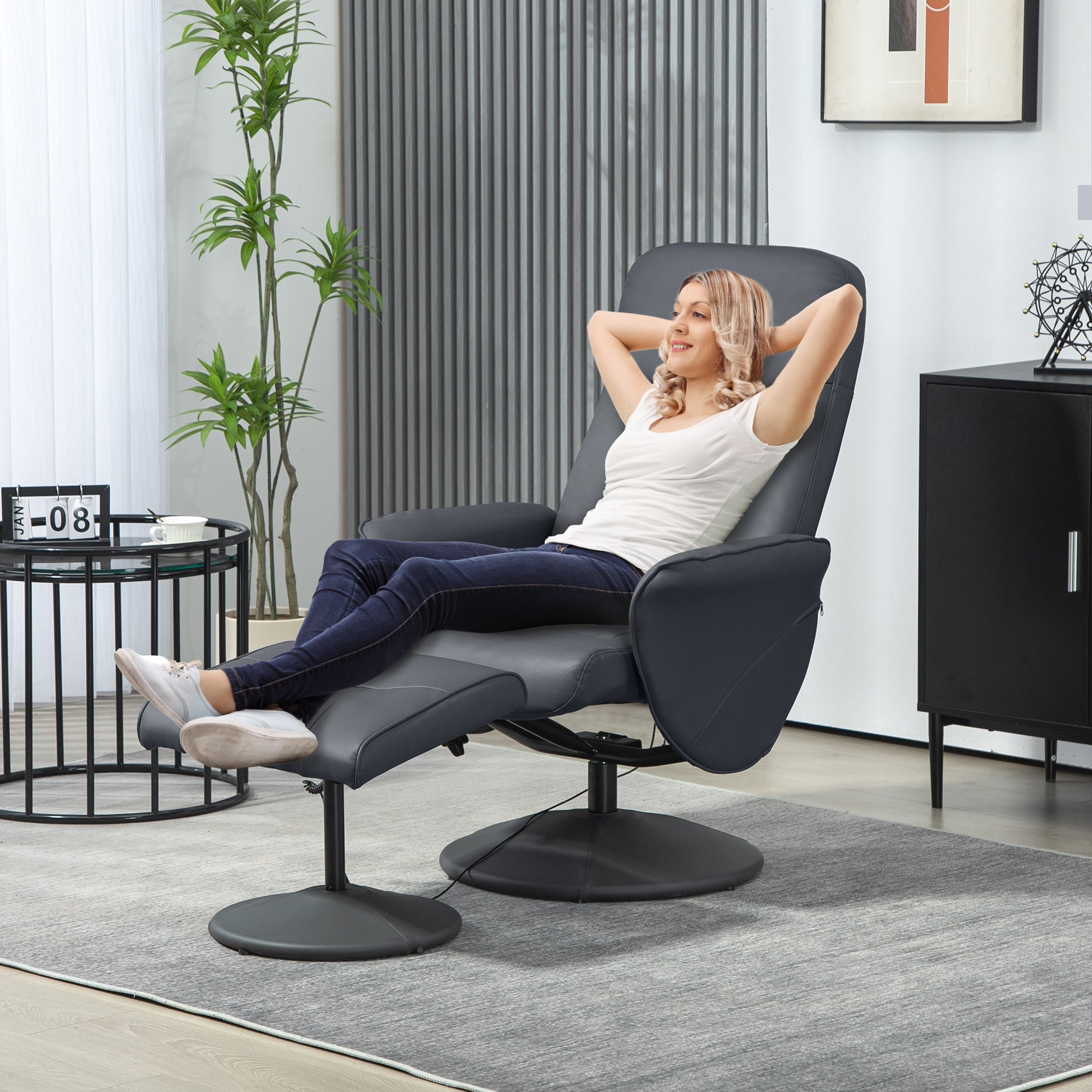HOMCOM Massagesessel mit Fußhocker, Ergonomischer Stuhl mit 10 Vibrationspunkten, Kunstleder, 76 x 81 x 105 cm, Dunkelgrau