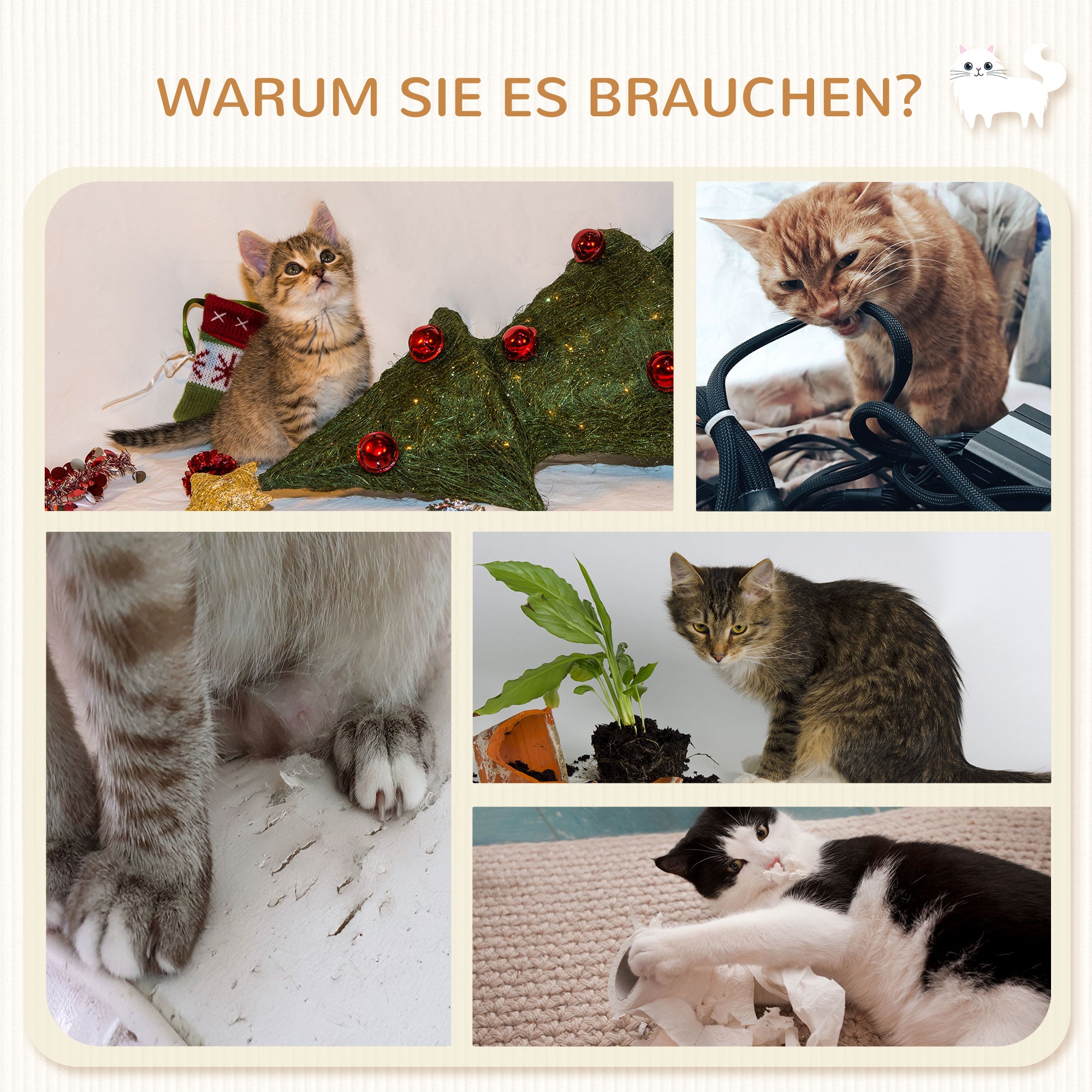PawHut Katzentreppe, 5-teiliges Set, 2 Kratzstämme, 2 Plattformen mit Plüschbezug, Hängematte, beige