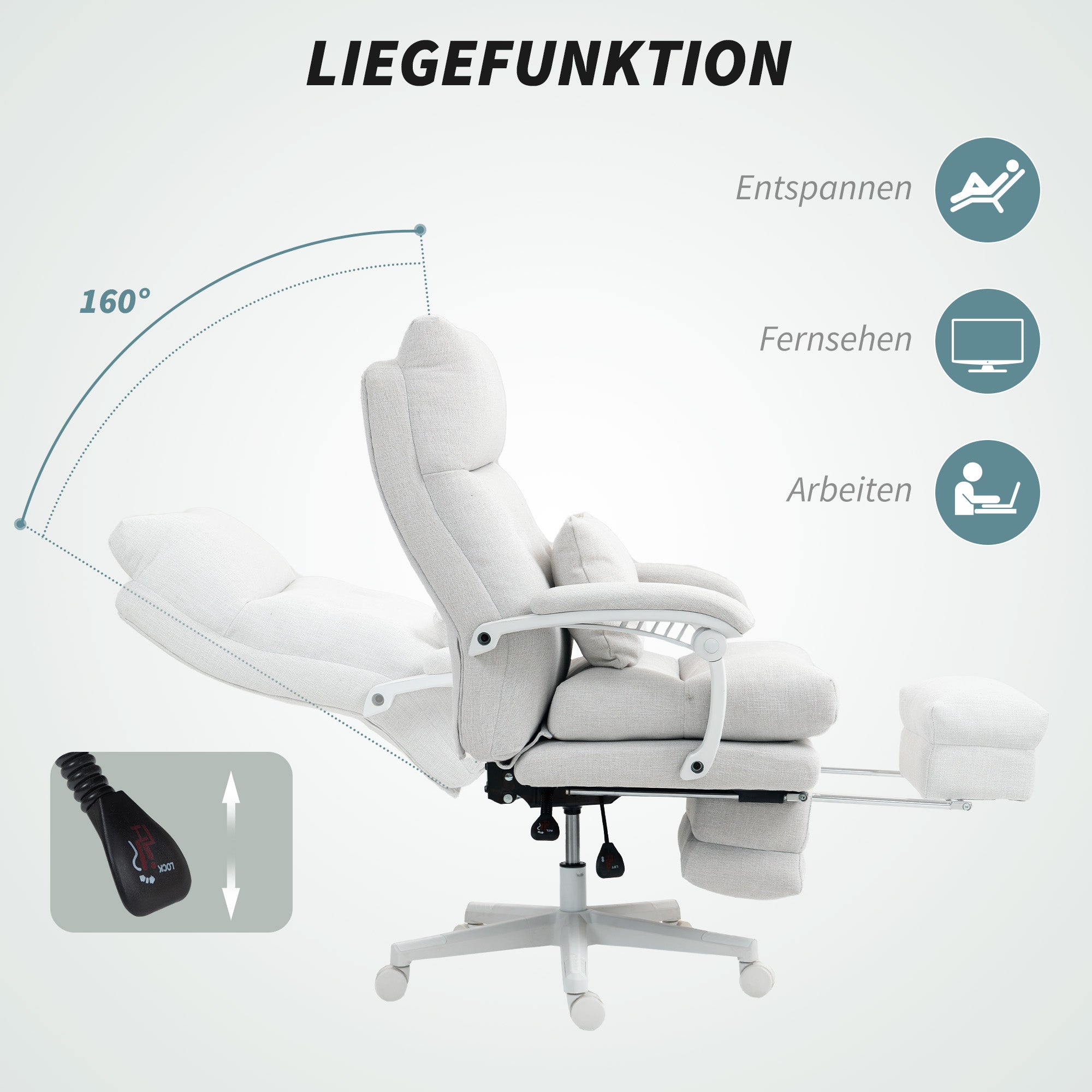 HOMCOM Rollsessel, Leinenoptik, höhenverstellbar, 160 Grad neigbar, Fußstütze, Cremeweiß