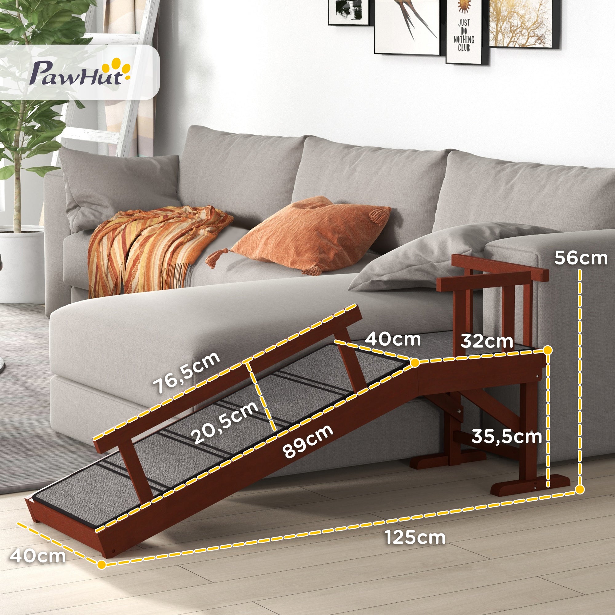 PawHut Hunderampe, abnehmbare Geländer, rutschfest, Holz, bis 30 kg, 125x40x56cm, Braun/Grau