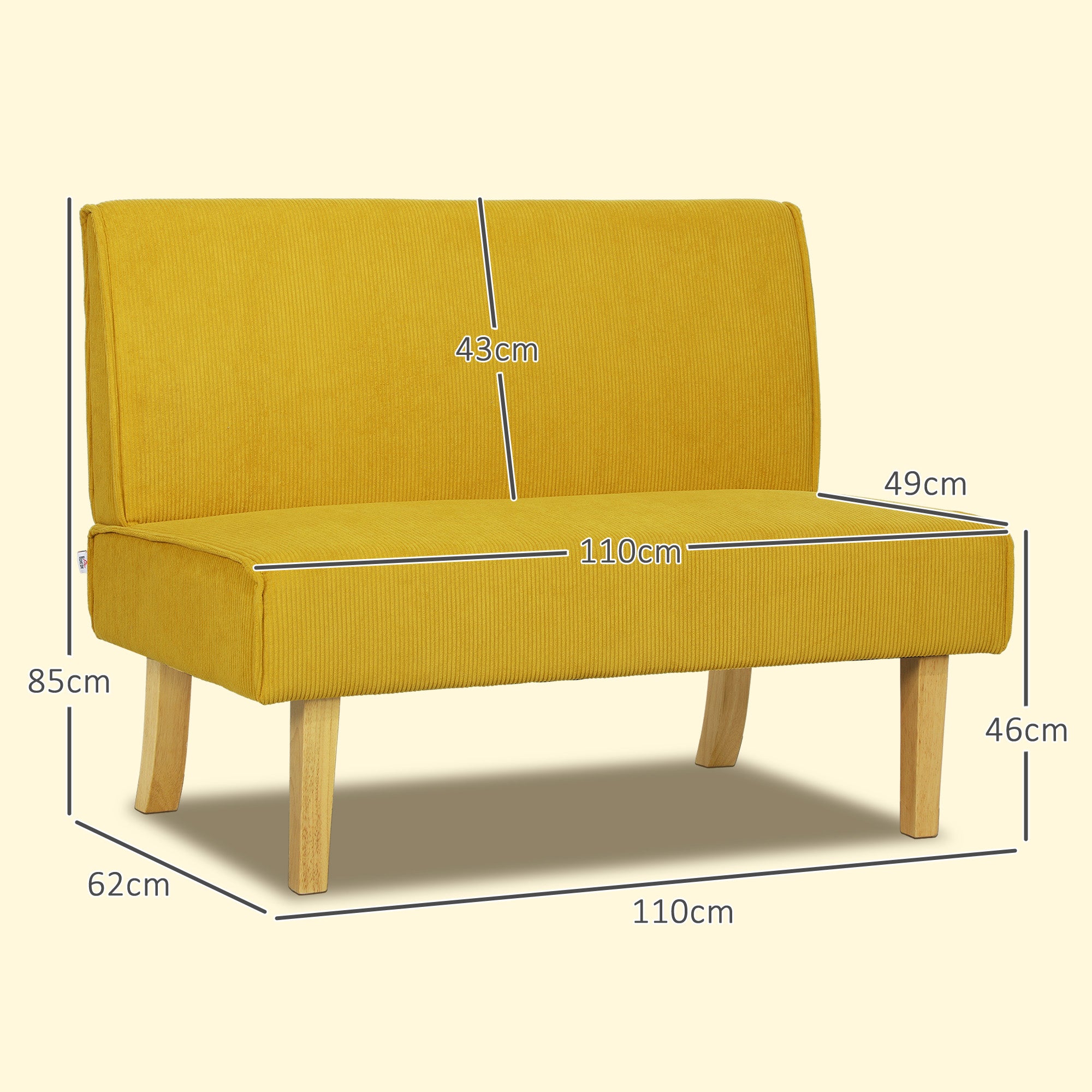 HOMCOM Zweisitzer-Sofa mit Cord-Bezug, dicker Polsterung und soliden Holzbeinen für Wohnzimmer, Schlafzimmer, Büro, Gelb