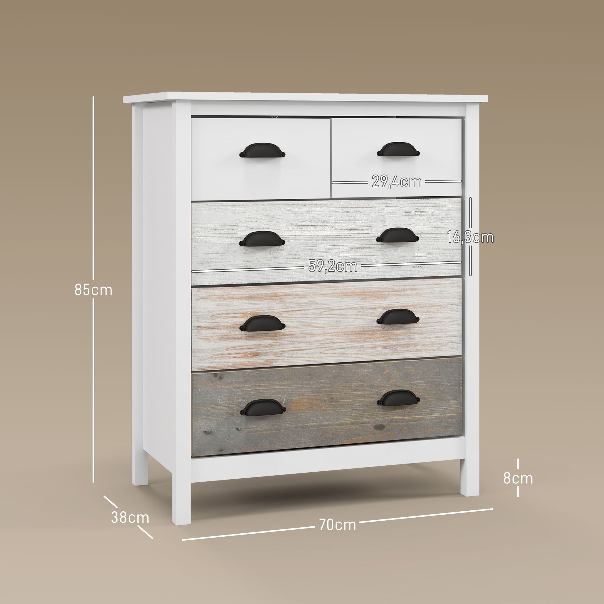 HOMCOM Sideboard, Kommode, 5 Schubladen, lackierte Oberfläche, MDF & Kiefernholz, 70 x 38 x 85 cm, Weiß