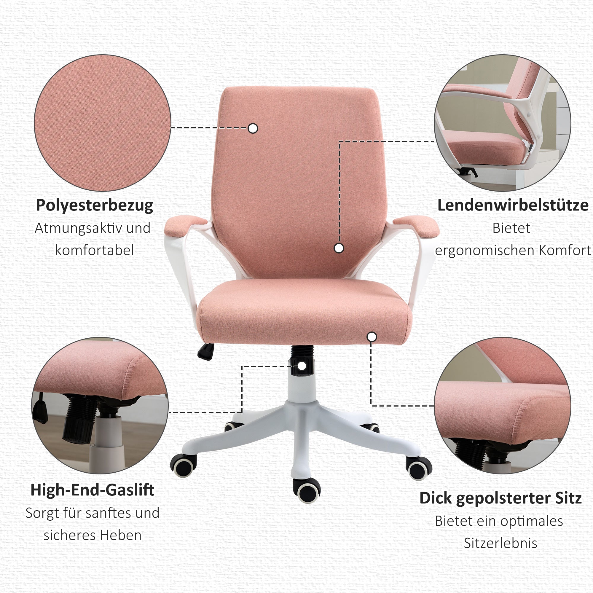 Vinsetto Bürostuhl Schreibtischstuhl Home-Office-Stuhl mit Wippenfunktion Rückenlehne höhenverstellbarer dick gepolstert ergonomisch 360°-Drehräder Polyester Nylon PP Rosa+Weiß 62x69x92-100 cm
