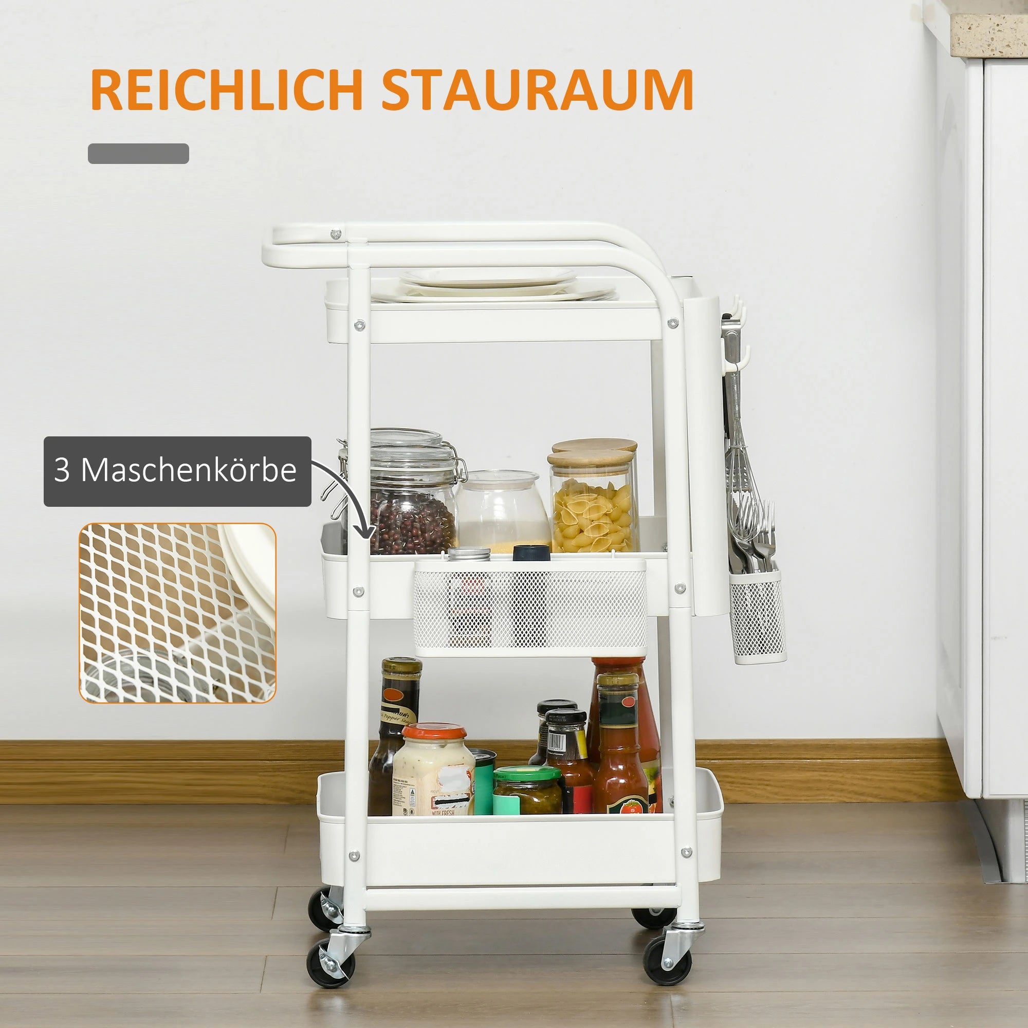 HOMCOM Küchentrolley mit Lochtafel, Handtuchhaltern und Aufbewahrungskörben, 51,5 cm x 32 cm x75,6 cm, Weiß