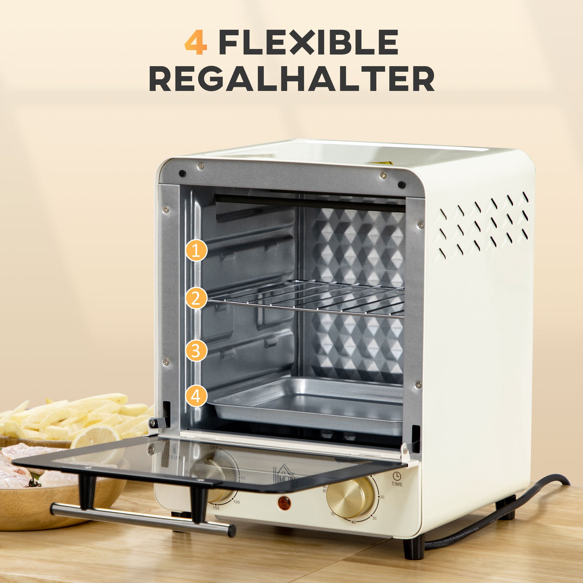 HOMCOM Mini Ofen 15L Fassungsvermögen, höhenverstellbares Backblech und Gitterrost, 1000W, Cremeweiß