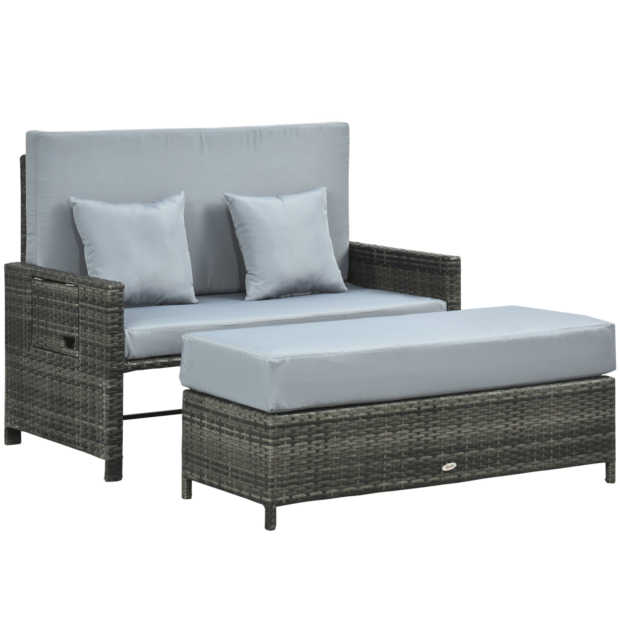 Outsunny Gartensofa mit Liegefunktion, ausfahrbare Fußbank mit Stauraum, Sitzkissen, grau, 130 x 72 x 96 cm
