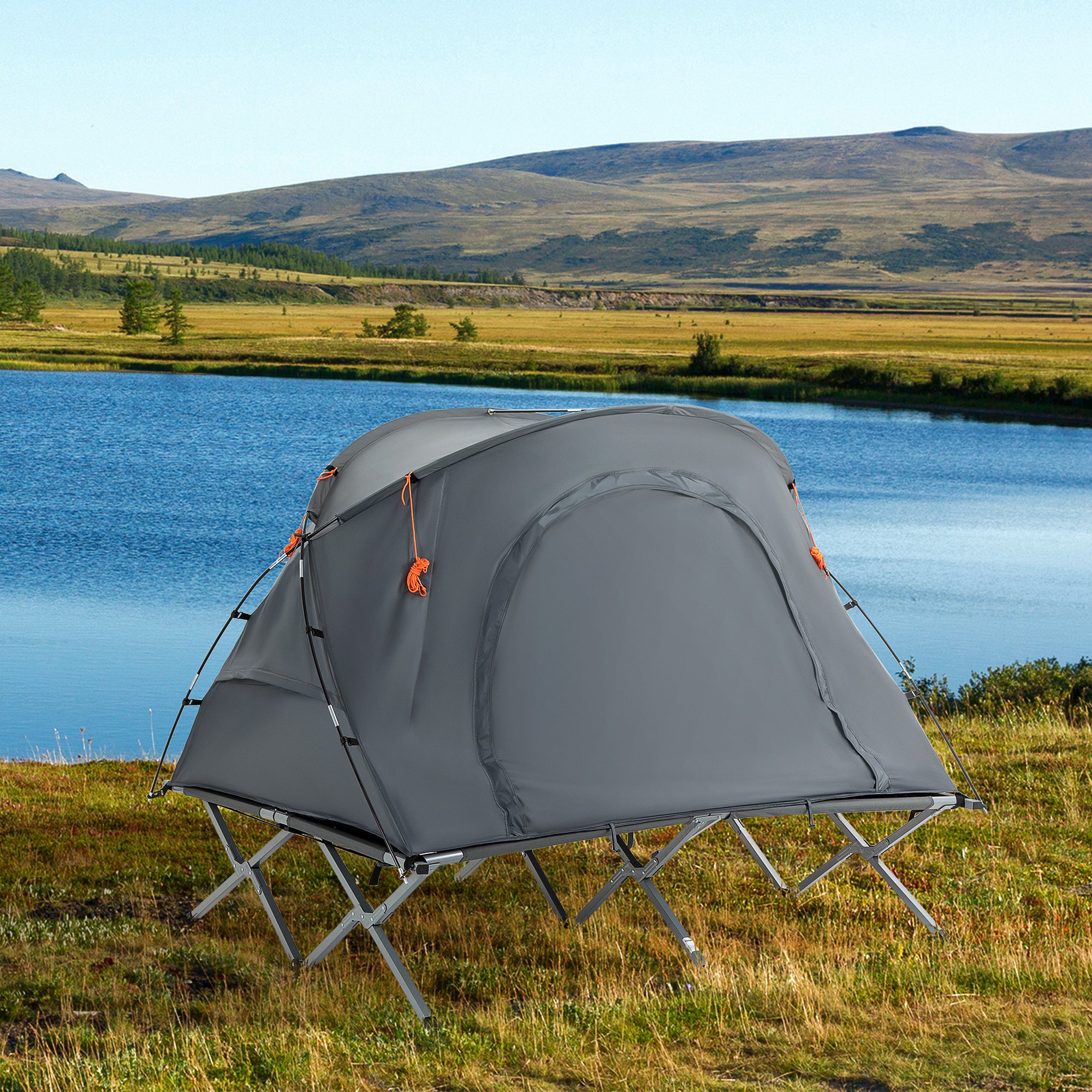 Outsunny Campingbett mit Zelt & Luftmatratze für 2 Personen, 200×146×159?cm, Grau