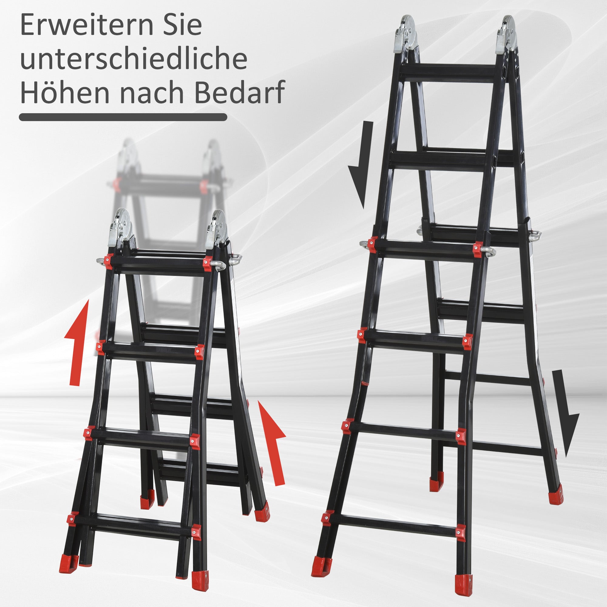 HOMCOM Teleskopleiter, rutschfeste Stufen, bis 150 kg belastbar, Aluminium, Schwarz+Rot