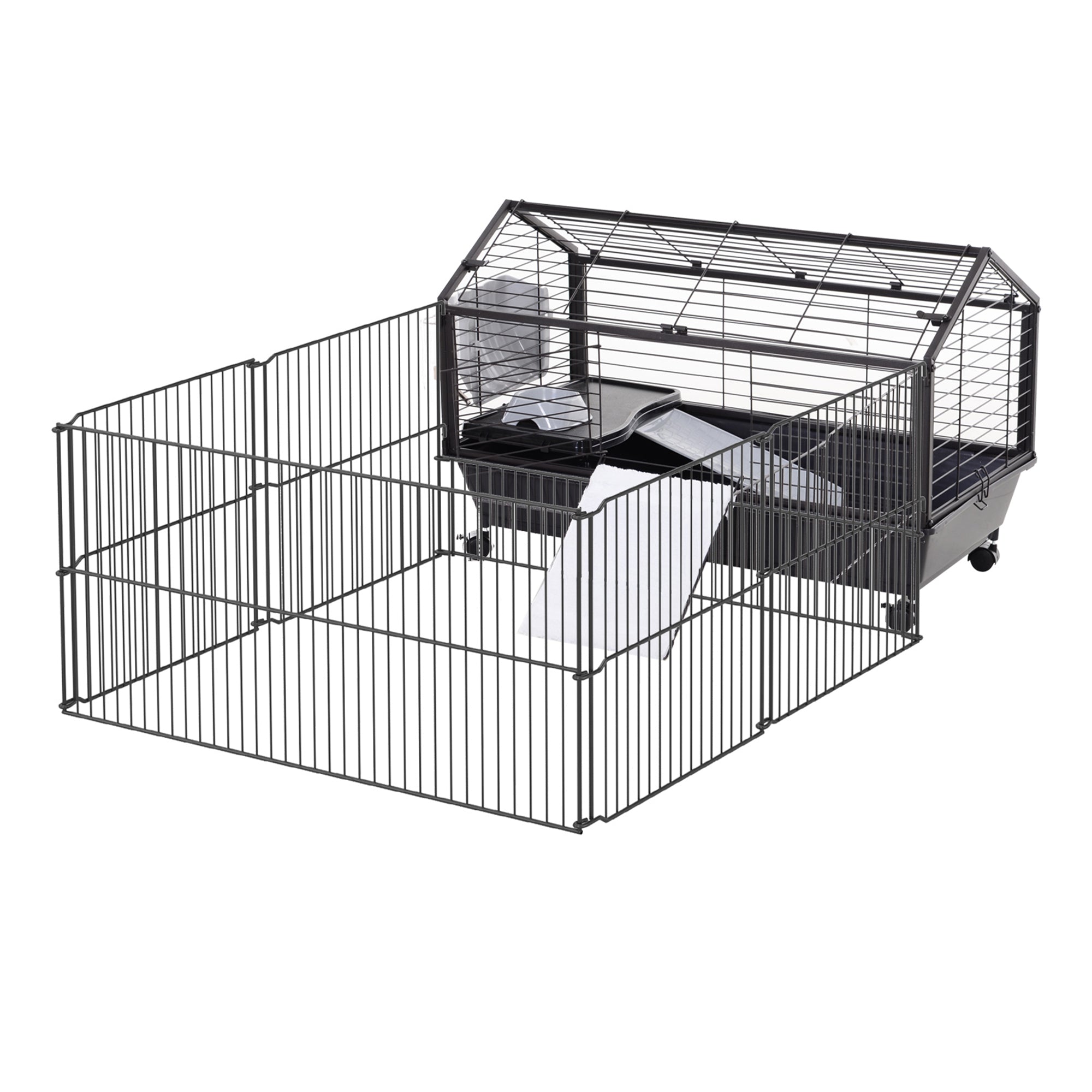 Pawhut Kleintierkäfig mit Freigehege inkl. Zubehör 88 cm x 128,5 cm x 56 cm  4 Rollen Schwarz Metall Polypropylen