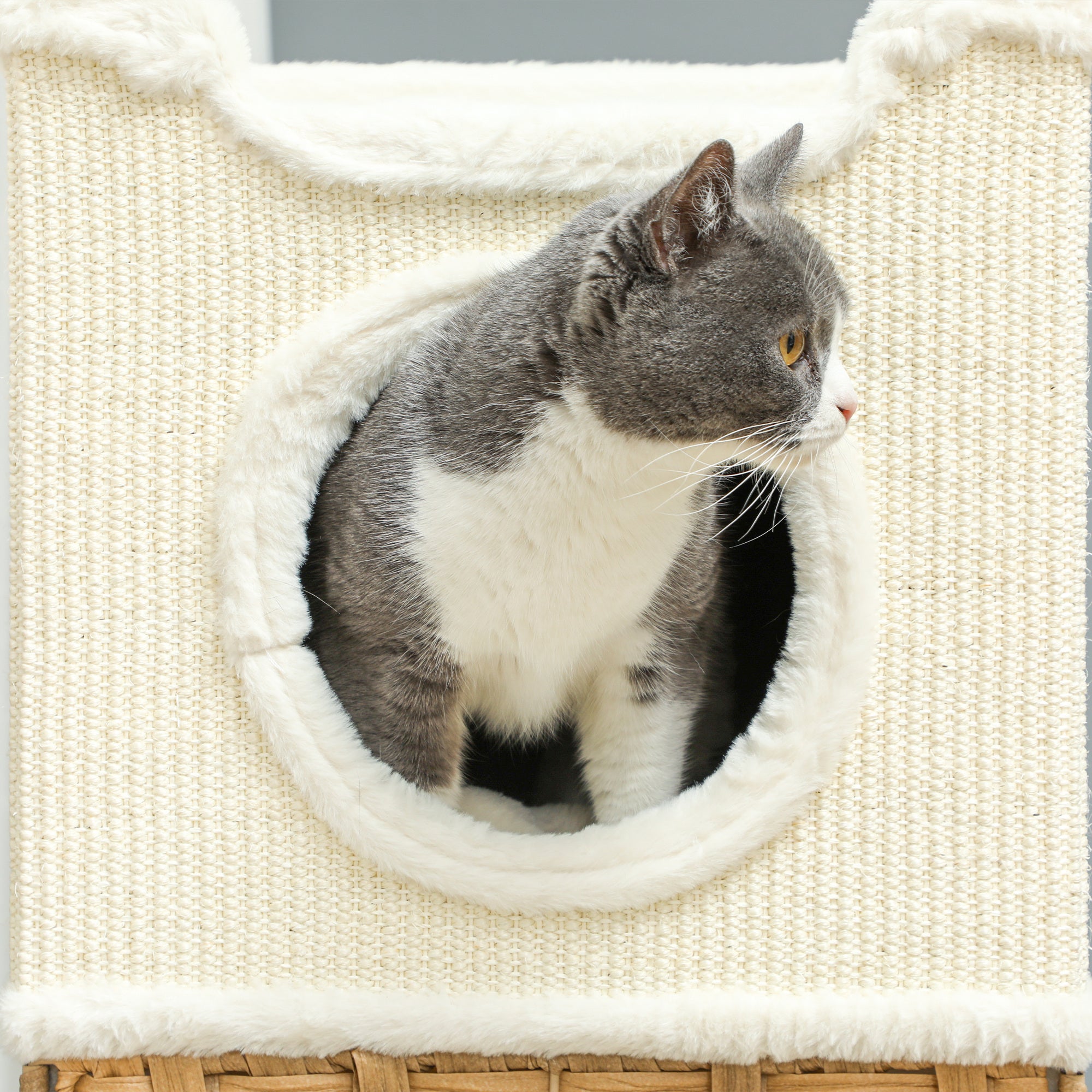 PawHut Kratztonne 75,5 cm Hoch dreistöckige mit Plüschrand, Kissen, Katzenhöhle, für mittelgroße Katzen, Cremeweiß