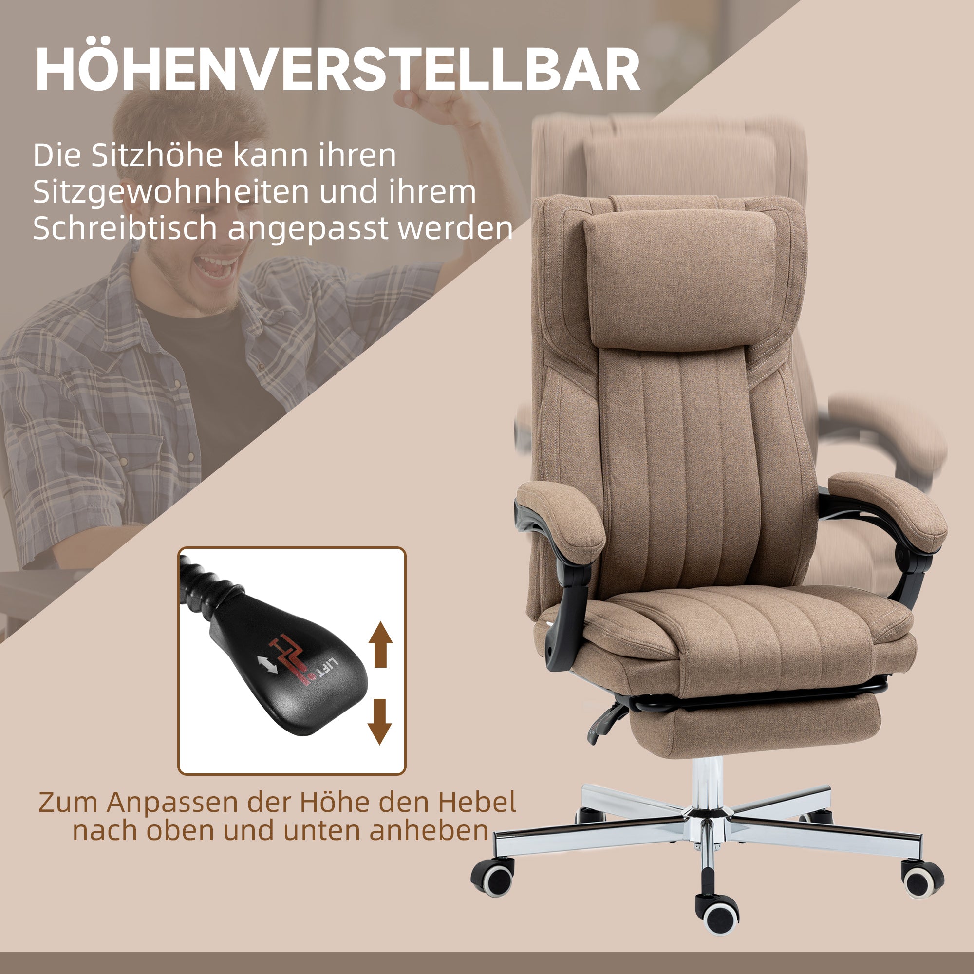 Vinsetto Bürostuhl mit Massagefunktion, neigbare Rücklehne, ausziehbare Fußstütze, Leinenoptik, 65 x 61 x 113 cm, Braun