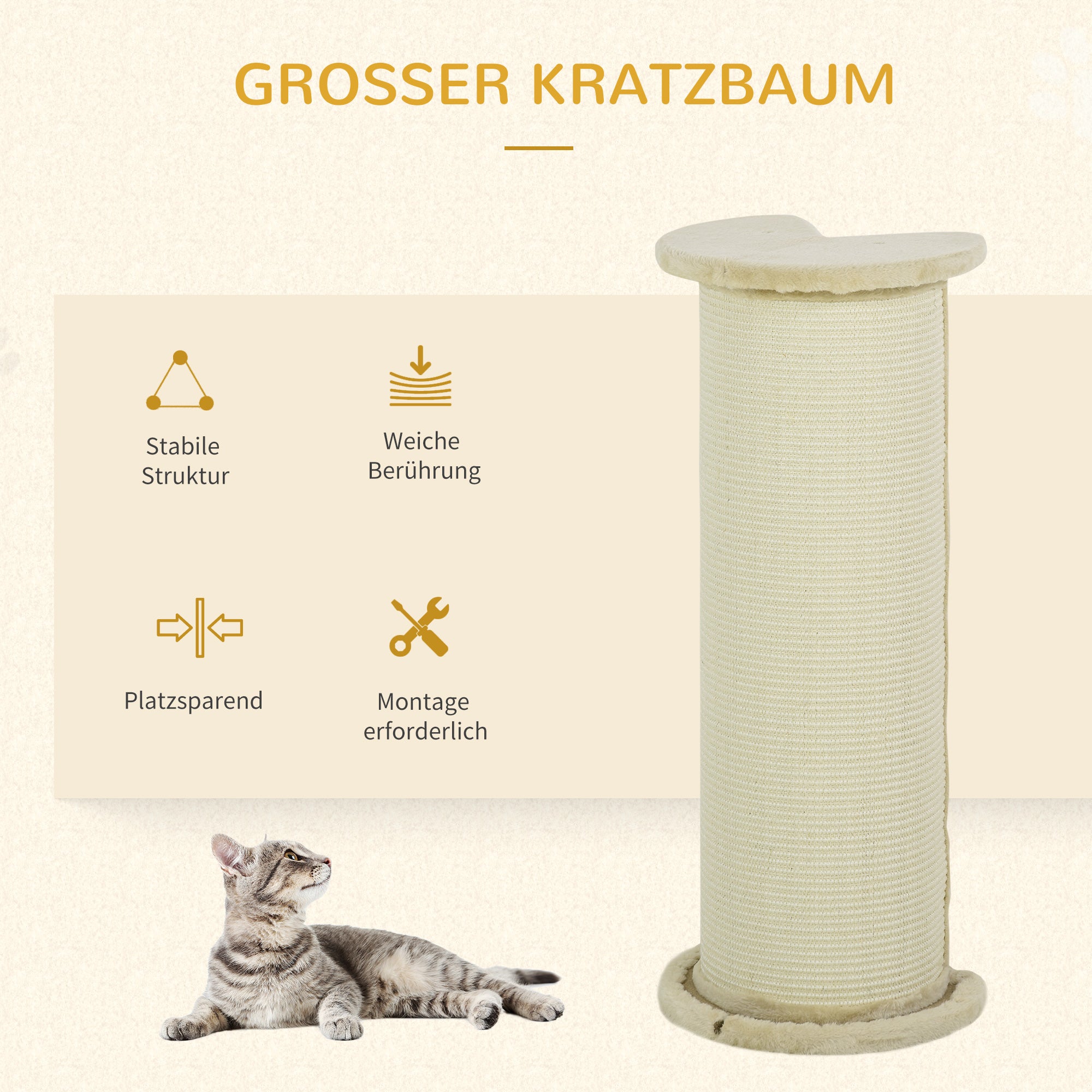 PawHut Kratzbrett für Katzen, Eckdesign, platzsparend, 35 cm x 35 cm x 85 cm, Cremeweiß