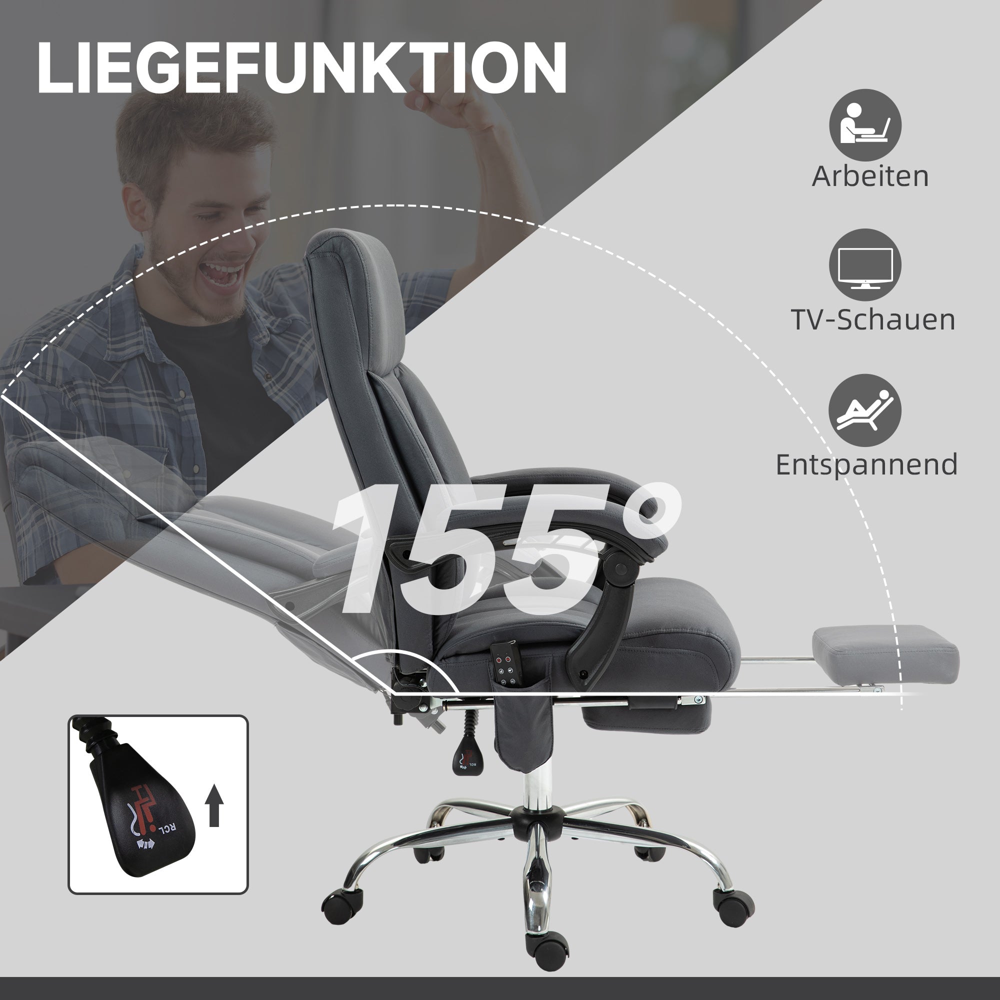 Vinsetto Bürostuhl mit Massagefunktion & Heizfunktion, Fußstütze, bis 120 kg, Dunkelgrau