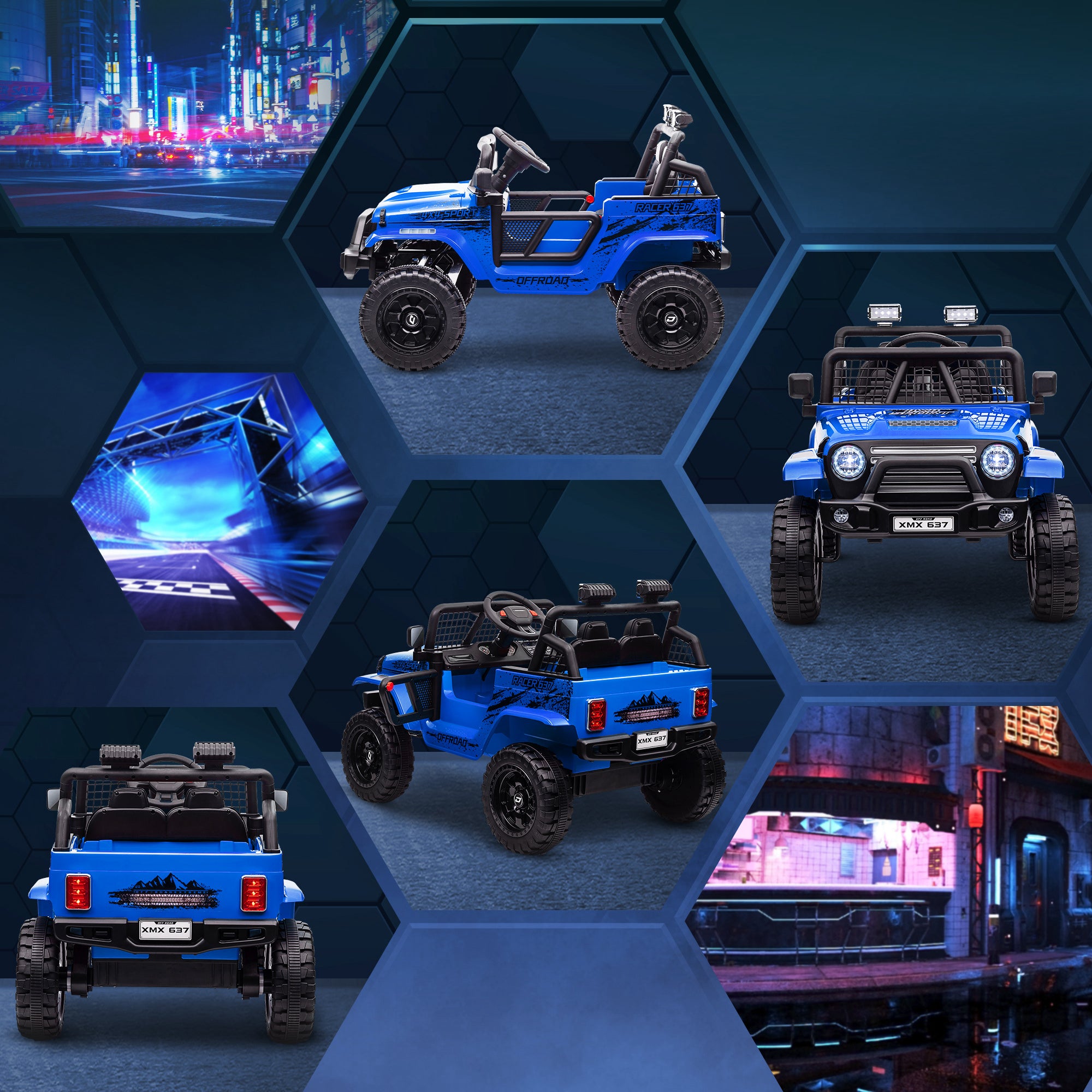 AIYAPLAY Kinder-Elektroauto mit sanfter Federung, fernsteuerbar, LED-Lichter, Hupe, 12V-Motoren, aus Kunststoff und Metall, Blau
