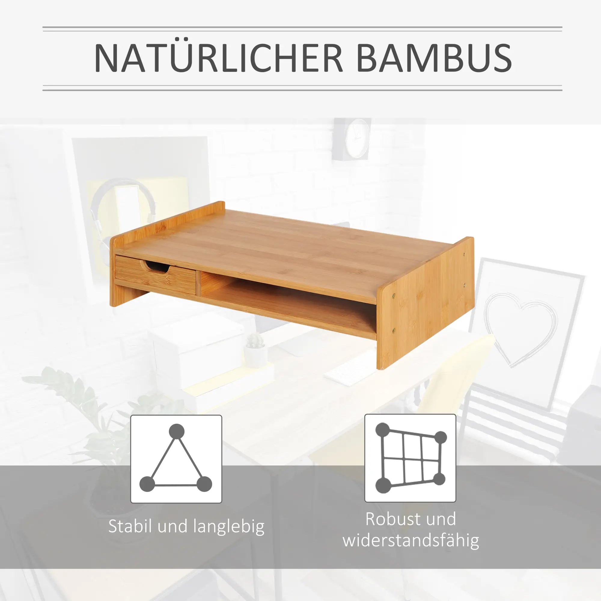 HOMCOM Monitorständer Schreibtisch Organizer mit Schublade Bambus