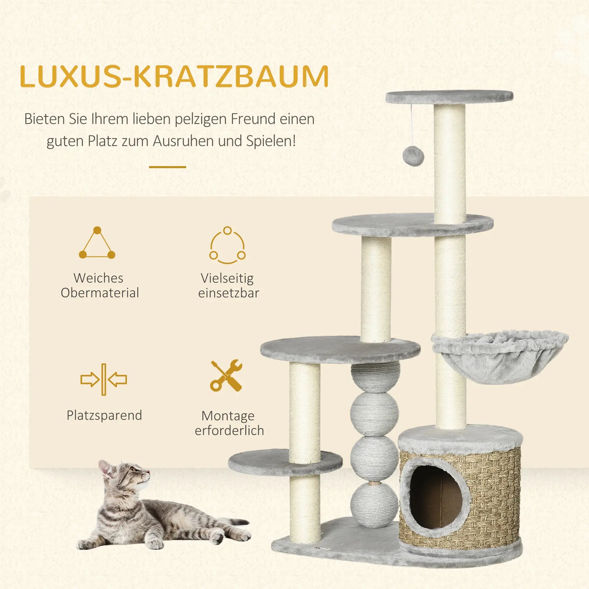 PawHut Kratzbaum mit Katzenhöhle, Hängematte und 3 Kratzstämme 60 cm x 40 cm x 115,5 cm Hellgrau