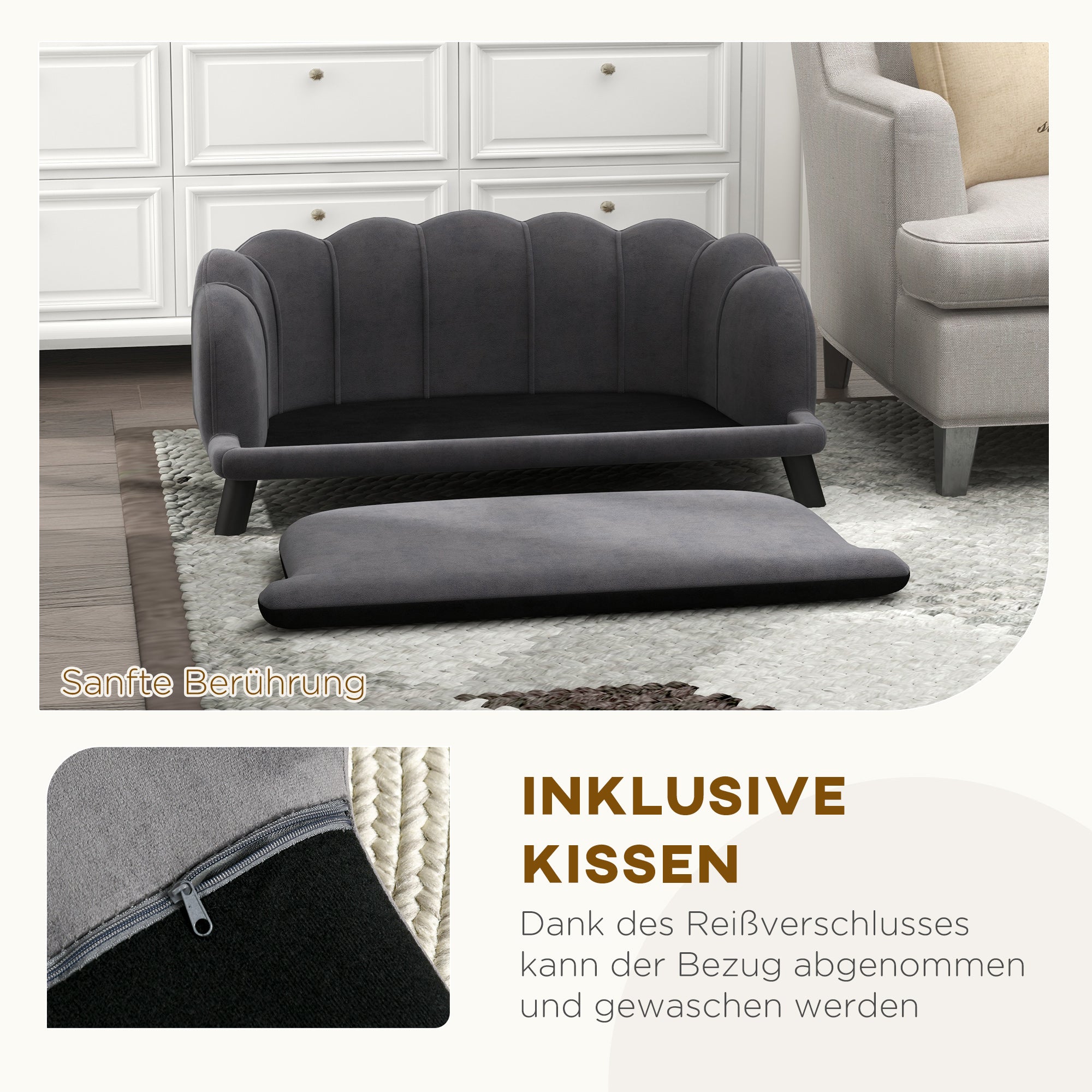 PawHut Hundesofa Hundecouch, Waschbarer Bezug, Haustiersofa mit Rückenlehne und Holzbeine, Katzensofa, für mittelgroße Hunde unter 25 kg, Dunkelgrau