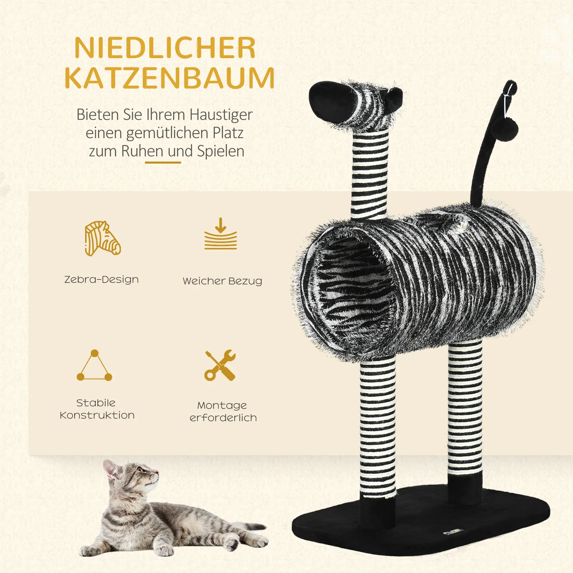 PawHut Kratzbaum im Zebra-Design, 1 Katzentunnel, 3 Kratzstämme 48,5 cm x 35 cm x 93 cm, Schwarz + Weiß