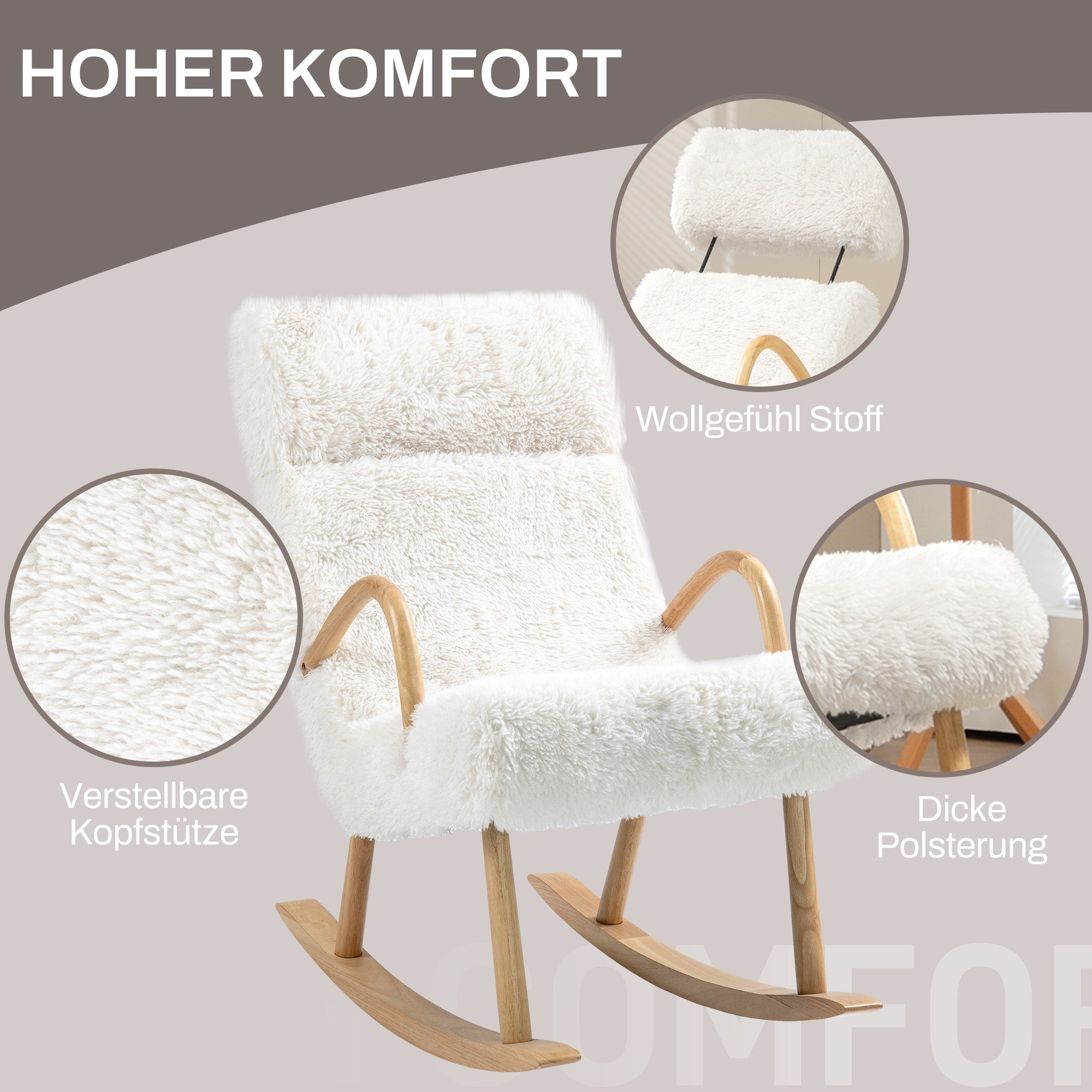 HOMCOM Schaukelstuhl, verstellbare Kopfstütze, weiche Polsterung, 58x114x109 cm, Weiß