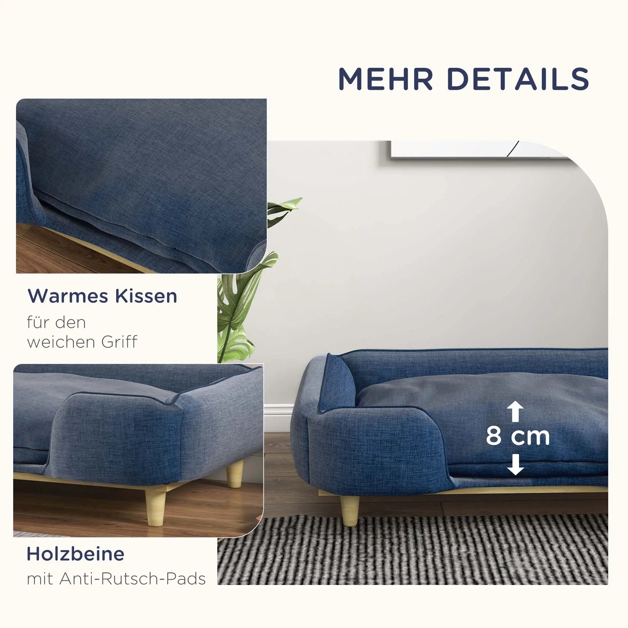 PawHut Hundesofa, Haustiersofa, Haustierbett, abnehmbares u. waschbares Polster, Natur+ Dunkelblau