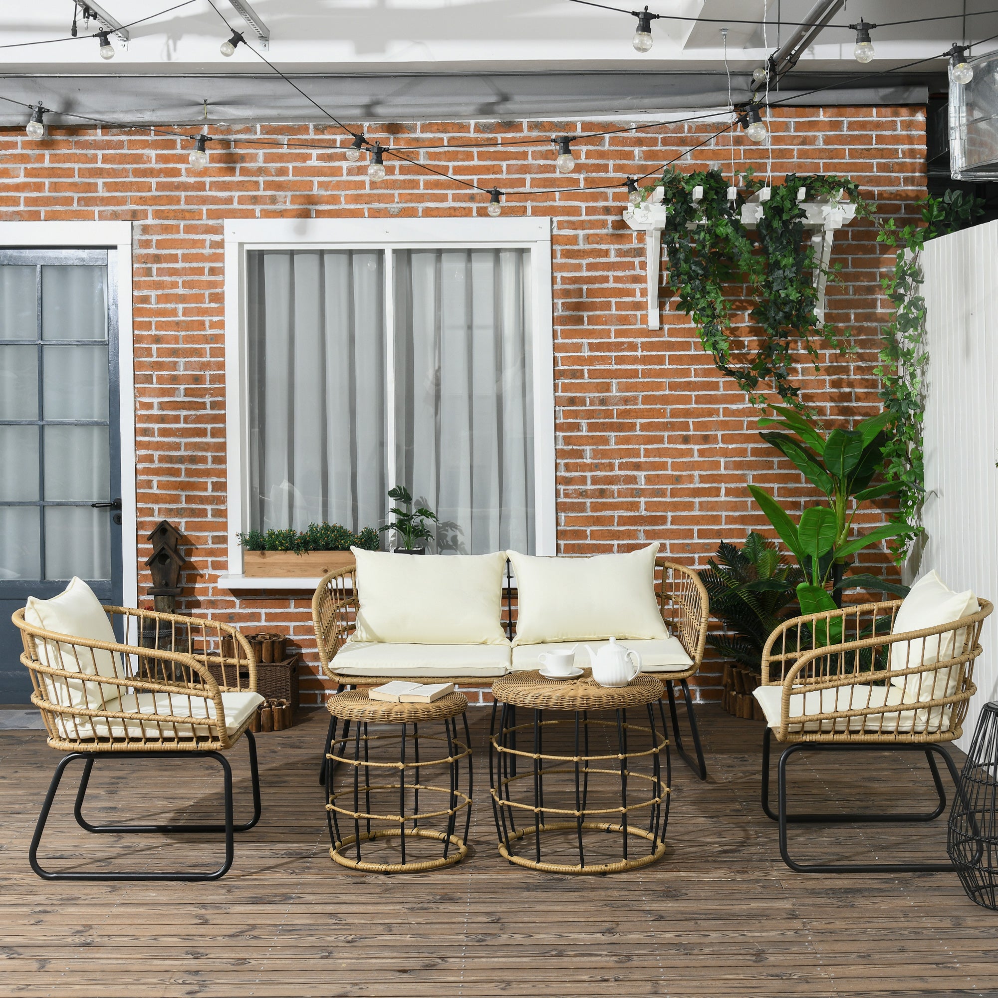 Outsunny Rattansitzgruppe Lounge-Set Outdoor-Sitzgruppe, Boho-Stil, 5-teilges Set, 145 x 70 x 78 cm, Creme + Natur + Schwarz