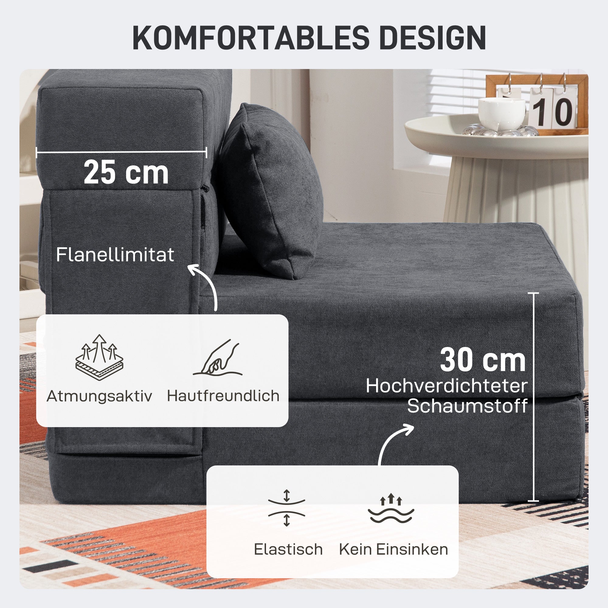 HOMCOM Bodensofa, Polstercouch, in Matratze umwandelbar, Schaumstoff, Kissen, Dunkelgrau