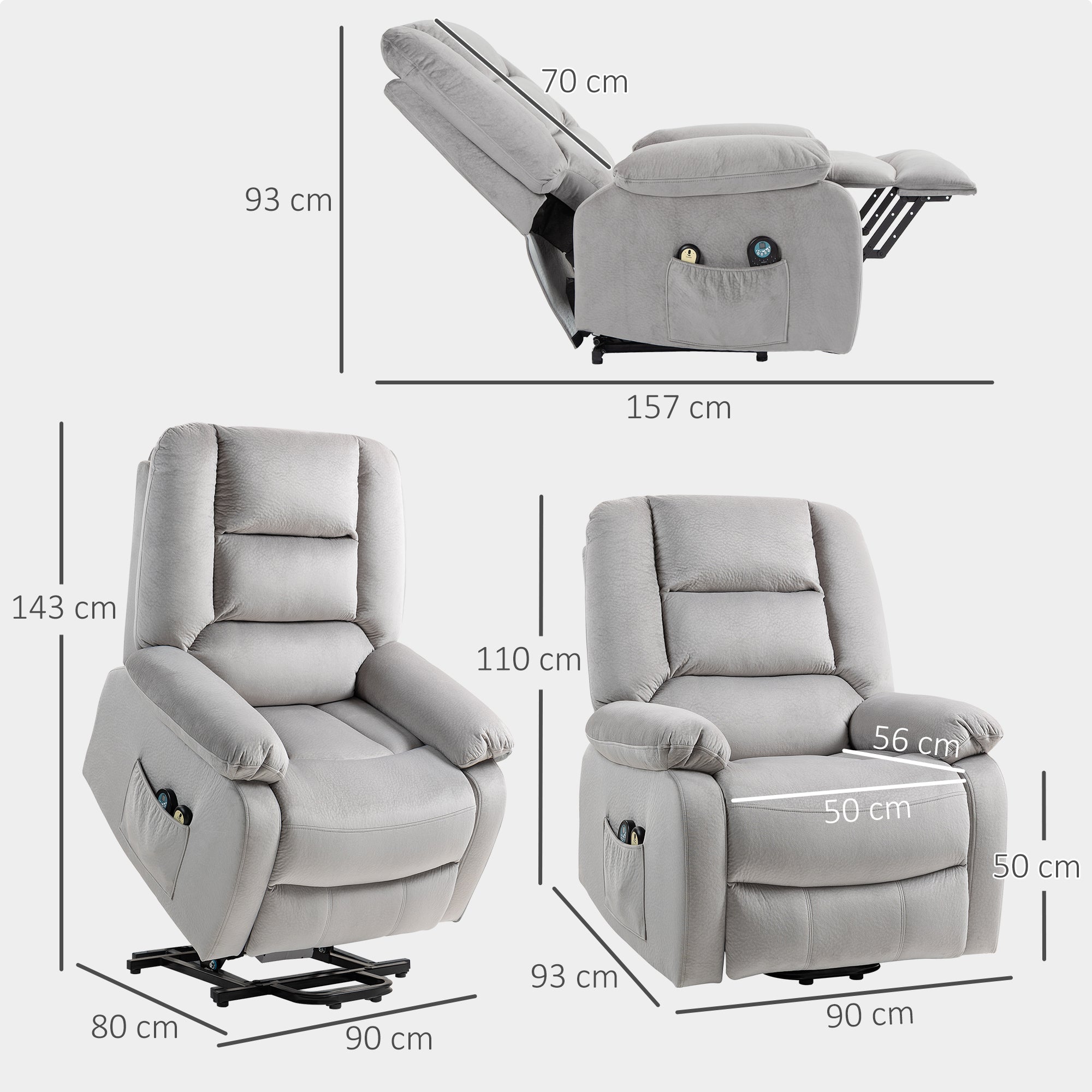 HOMCOM Aufstehsessel mit Massagefunktion, 90x93x110cm, Hellgrau