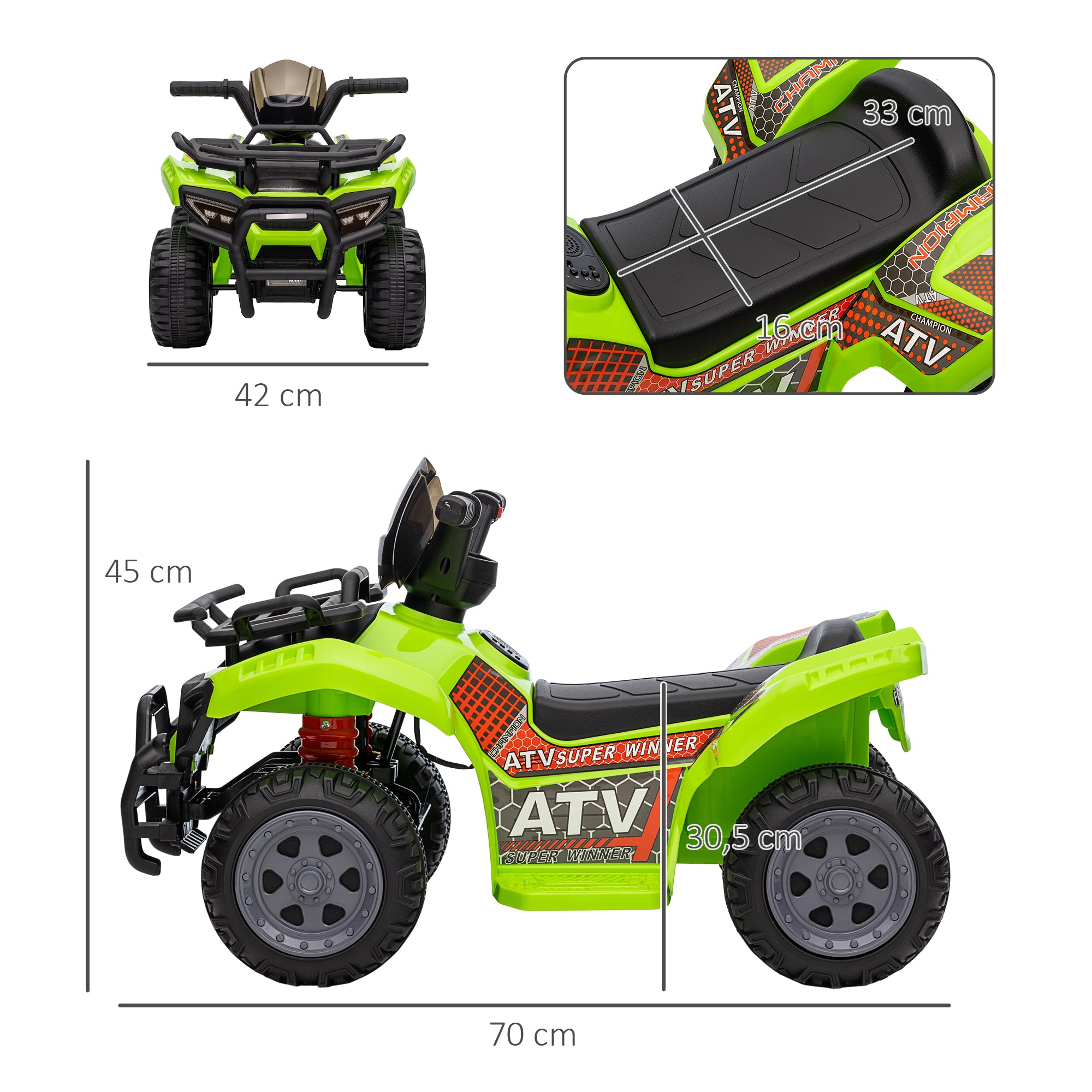 HOMCOM Kinder Quad Elektro 6V Kinderquad mit Vorwärtsfunktion, Musik, Elektro-Quad für Kinder 1,5-3 Jahre Grün