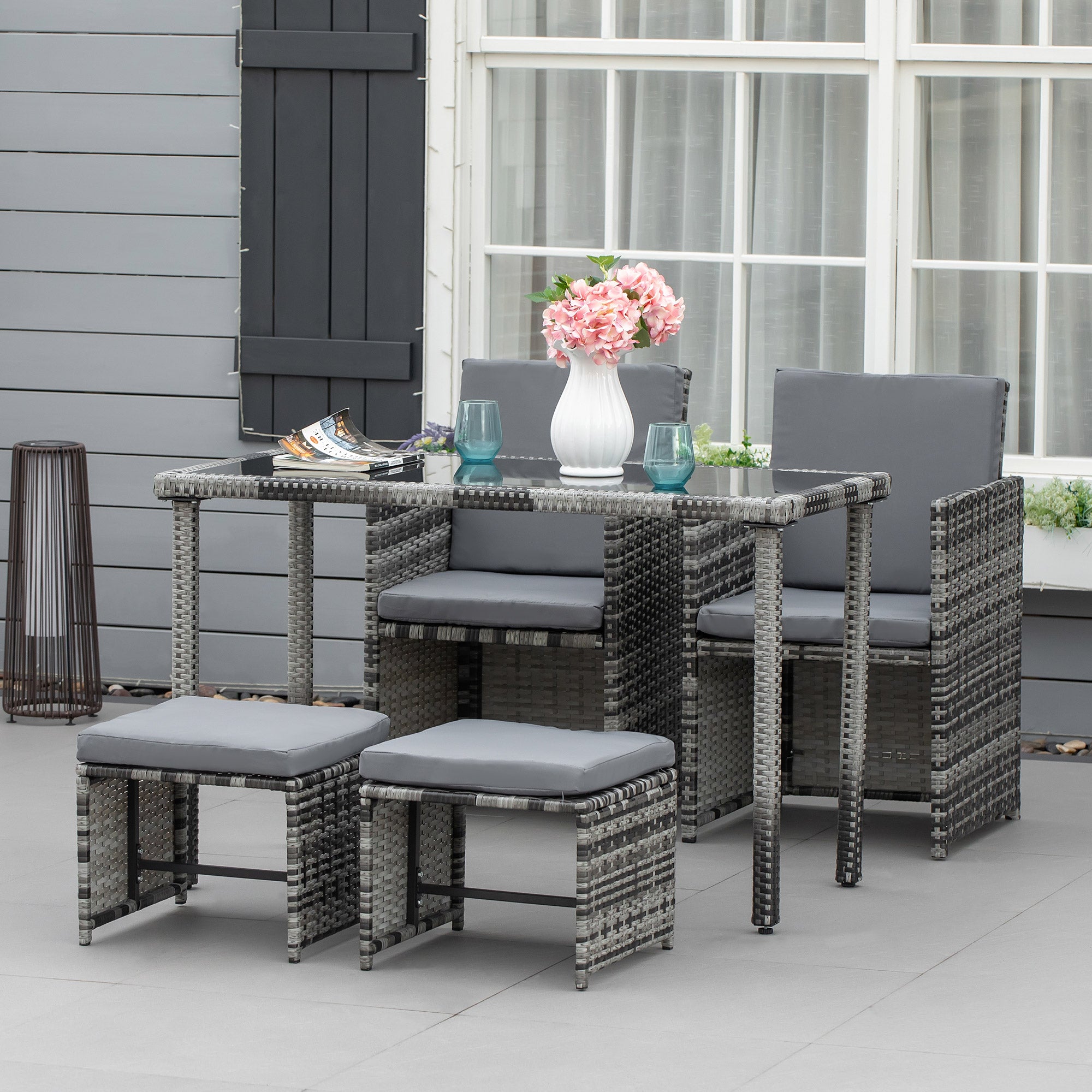 Outsunny Polyrattan Sitzgruppe für 4 Personen Essgruppe Gartenset Garnitur mit Kissen, Grau