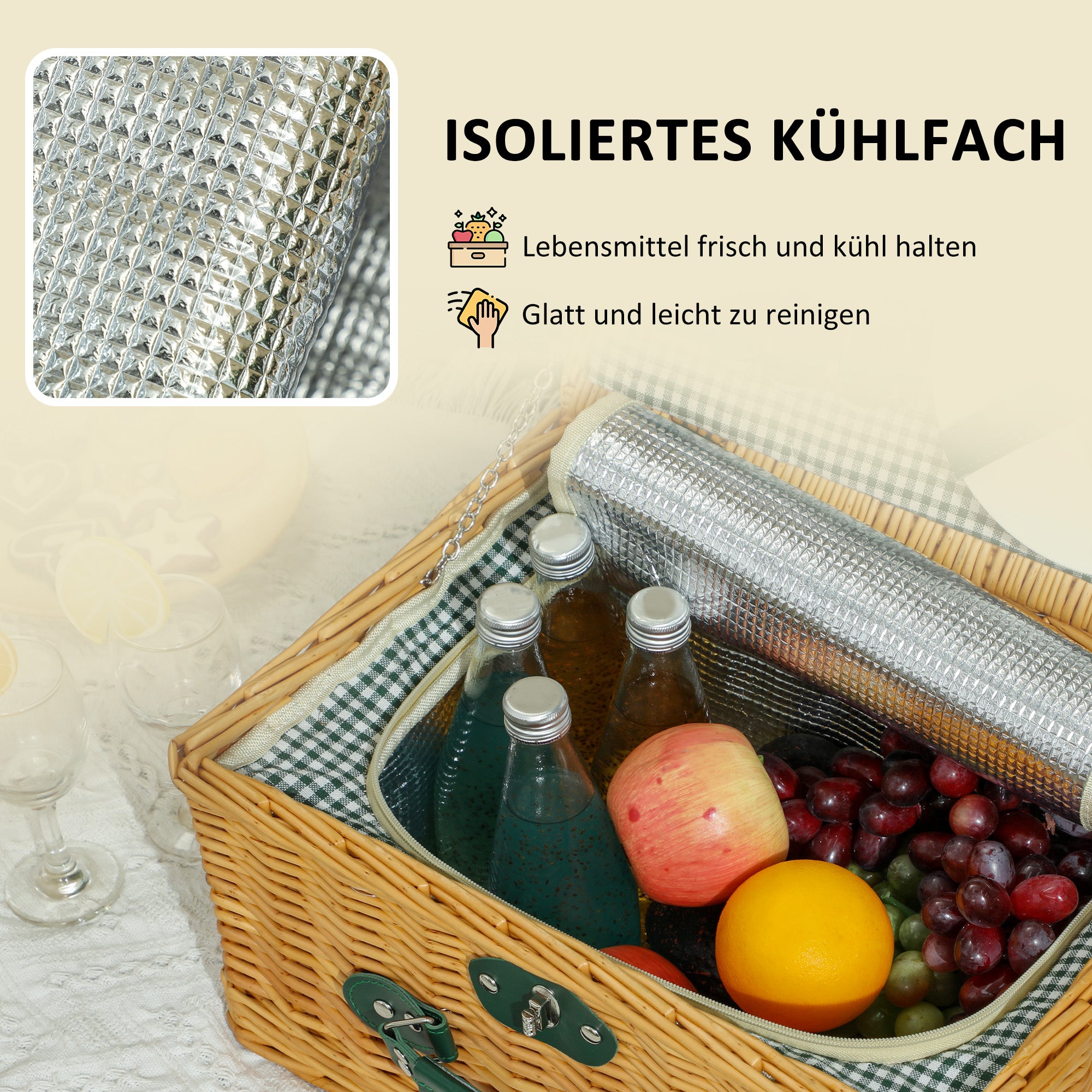 Outsunny Picknickkorb aus Weidenholz Picknickkoffer für 2 Personen mit Isoliert Kühlfach Besteck Set Hellbraun