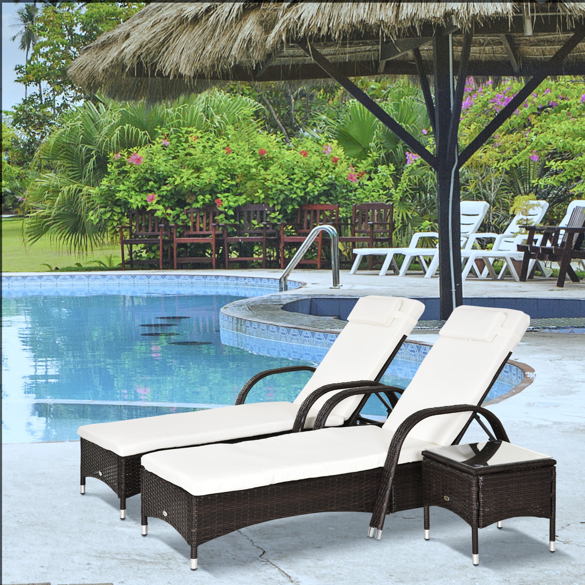 Outsunny Sonnenliegen-Set mit Rollen & Tisch Polyrattan Braun-Cremeweiß