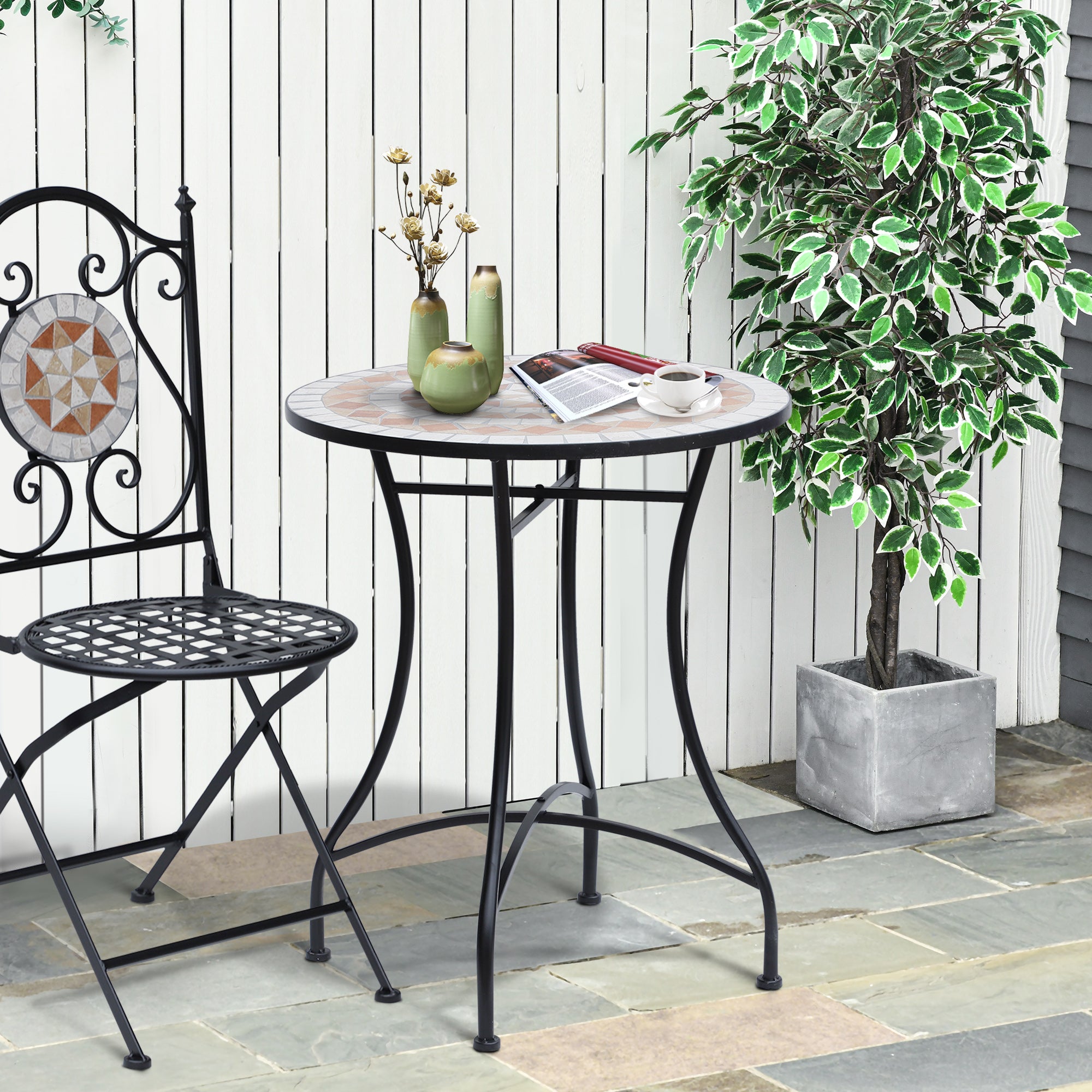 Outsunny Gartentisch Mosaiktisch Balkontisch Beistelltisch Seviertisch rund Stahl + Keramik Orange + Weiß Ø60 x H71 cm