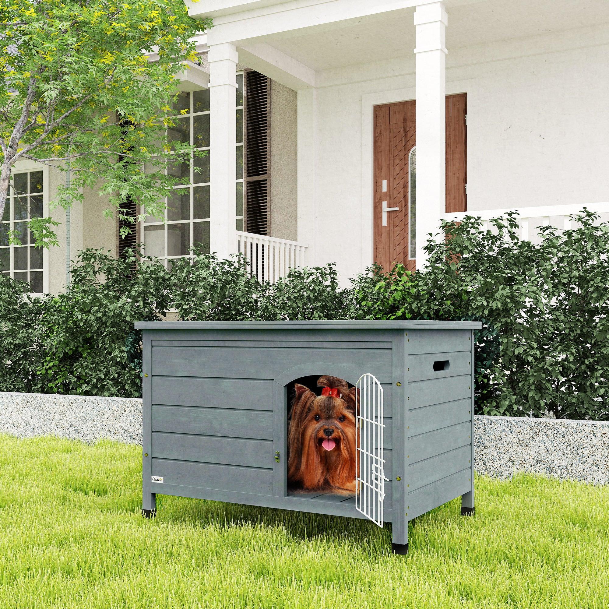 PawHut Hundehütte, Hundehaus mit Tür, Hundebox, Haustierhütte, Tannenholz, Dunkelgrau